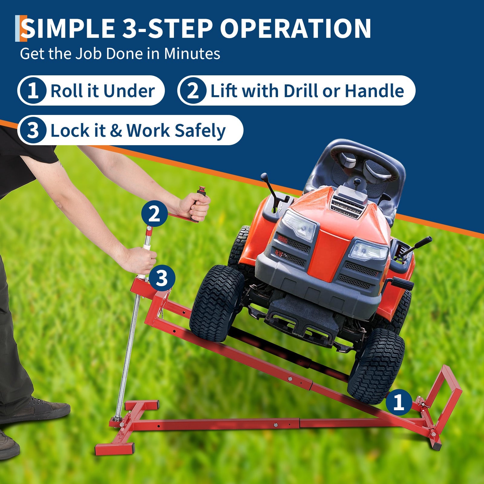 Garvee Lawn Mower Lift Jack, 880 Lbs Capacity Telescopic Maintenance Jack for Riding Lawn Mowers, Foldable Lifting Platform with Crank & Power Tool Handle