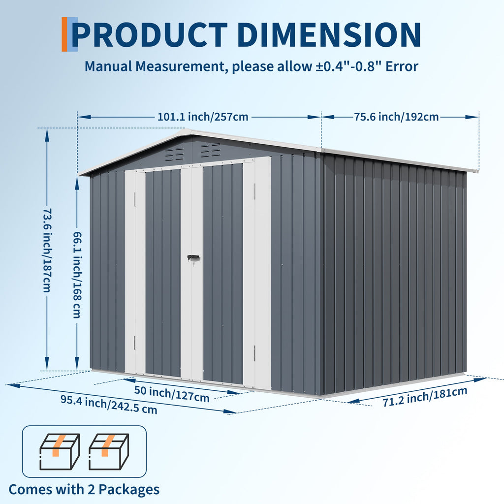 Garvee Weather-Resistant Metal Outdoor Storage Outdoor Storage 8x6 FT – Lockable Double Doors, Vents, Secure Garden Tool Organizer for Backyard, Patio, Lawn Equipment – Gray Color