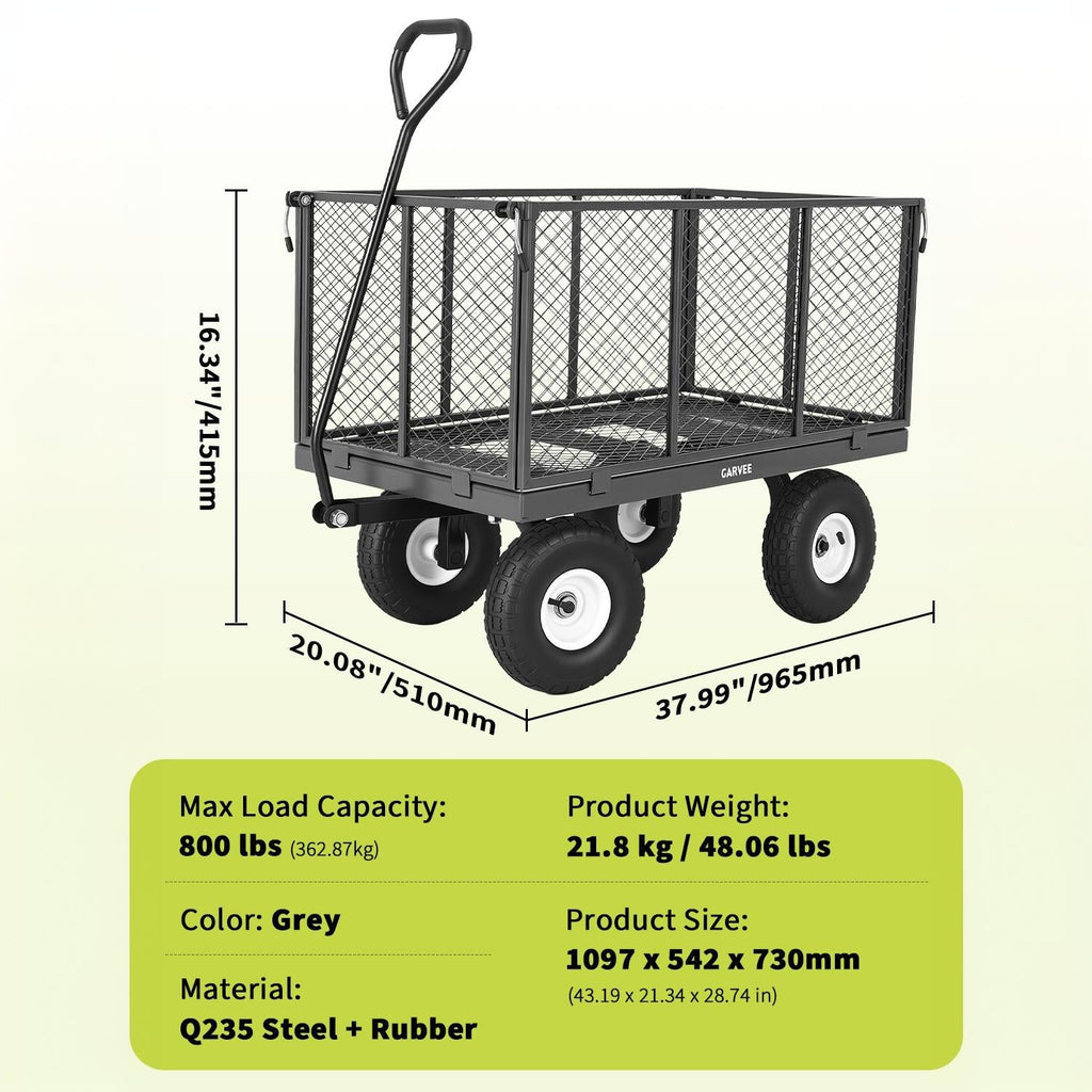 Garvee 800LBS Heavy Duty Steel Garden Cart Wagon with 10" Pneumatic Tires, Removable Mesh Sides, 180° Rotating Handle & Waterproof Bag, Utility Yard Trailer for Lawn, Garden & Farm, Gray