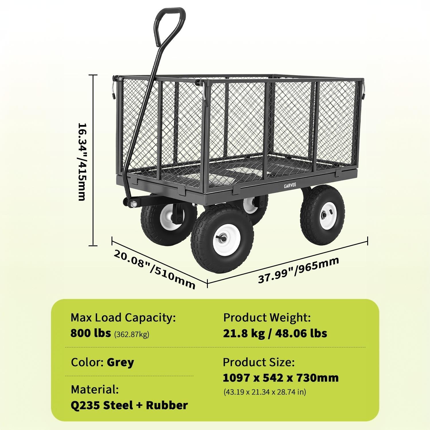 Garvee 800LBS Heavy Duty Steel Garden Cart Wagon with 10" Pneumatic Tires, Removable Mesh Sides, 180° Rotating Handle & Waterproof Bag, Utility Yard Trailer for Lawn, Garden & Farm, Gray