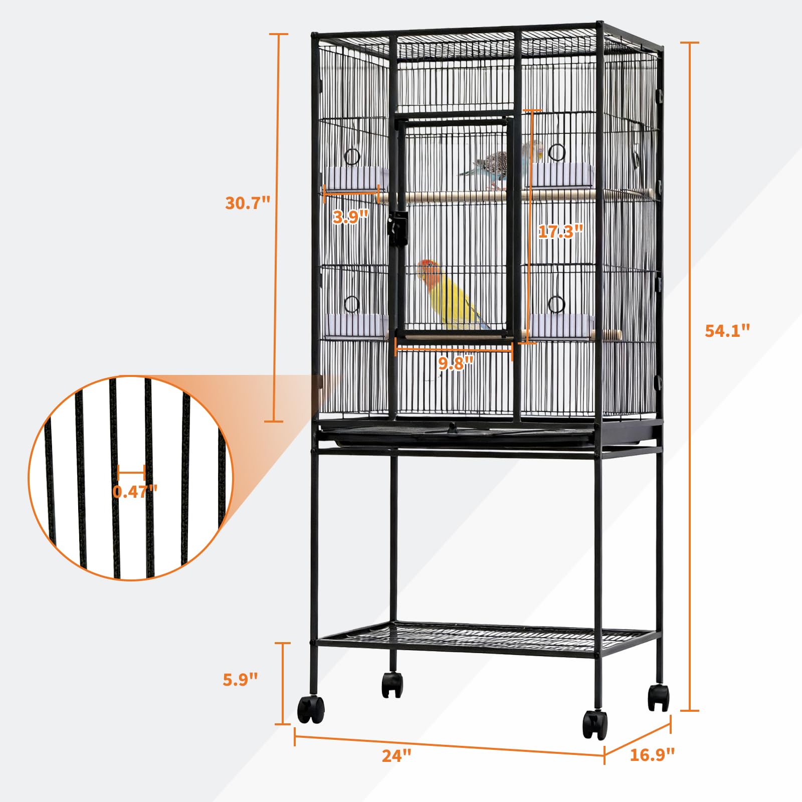 Garvee 54" Large Bird Cage, Parrot Bird Cage with Rolling Stand & Storage Shelf, Heavy Duty Wrought Iron Flight Cage, Secure Lock, Ideal for Parakeets, Parrots, Cockatiels, Conures, Lovebirds