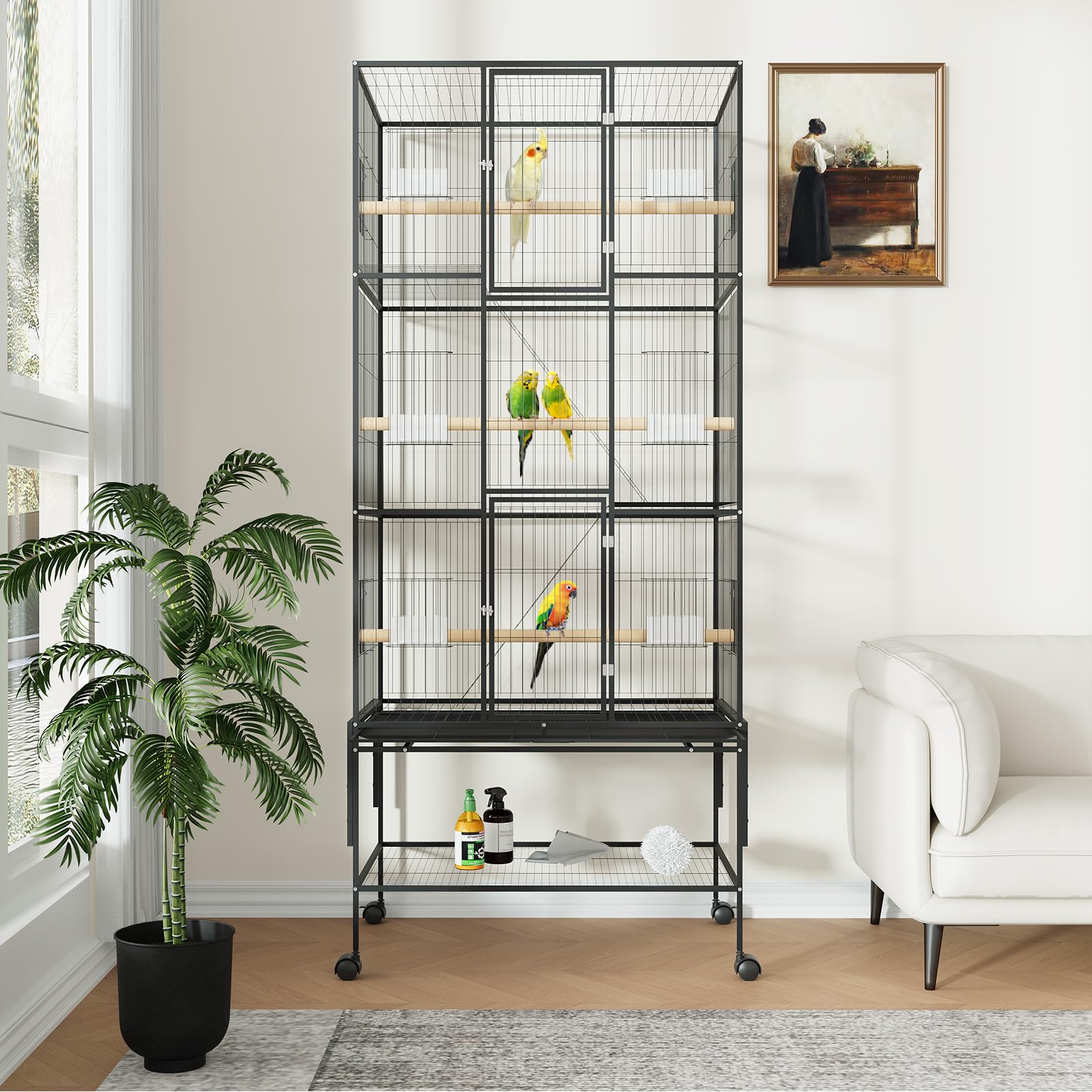 Garvee Spacious 69-Inch Extra Large Metal Bird Cage – Rolling Stand, Flight Aviary for Parrots, Cockatiels, Conures, Parakeets, Budgies, Finches – Detachable Tray, Easy Cleaning – Black