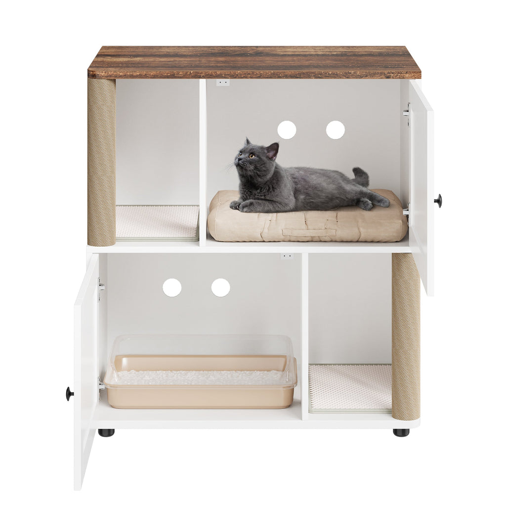 Garvee Double Cat Litter Box Enclosure for 2 Cats – 2-Tier Wooden Cabinet with Marking Post, Litter Mat, Enclosed Litter Box Furniture, Hidden Pet Storage – Basic White Model