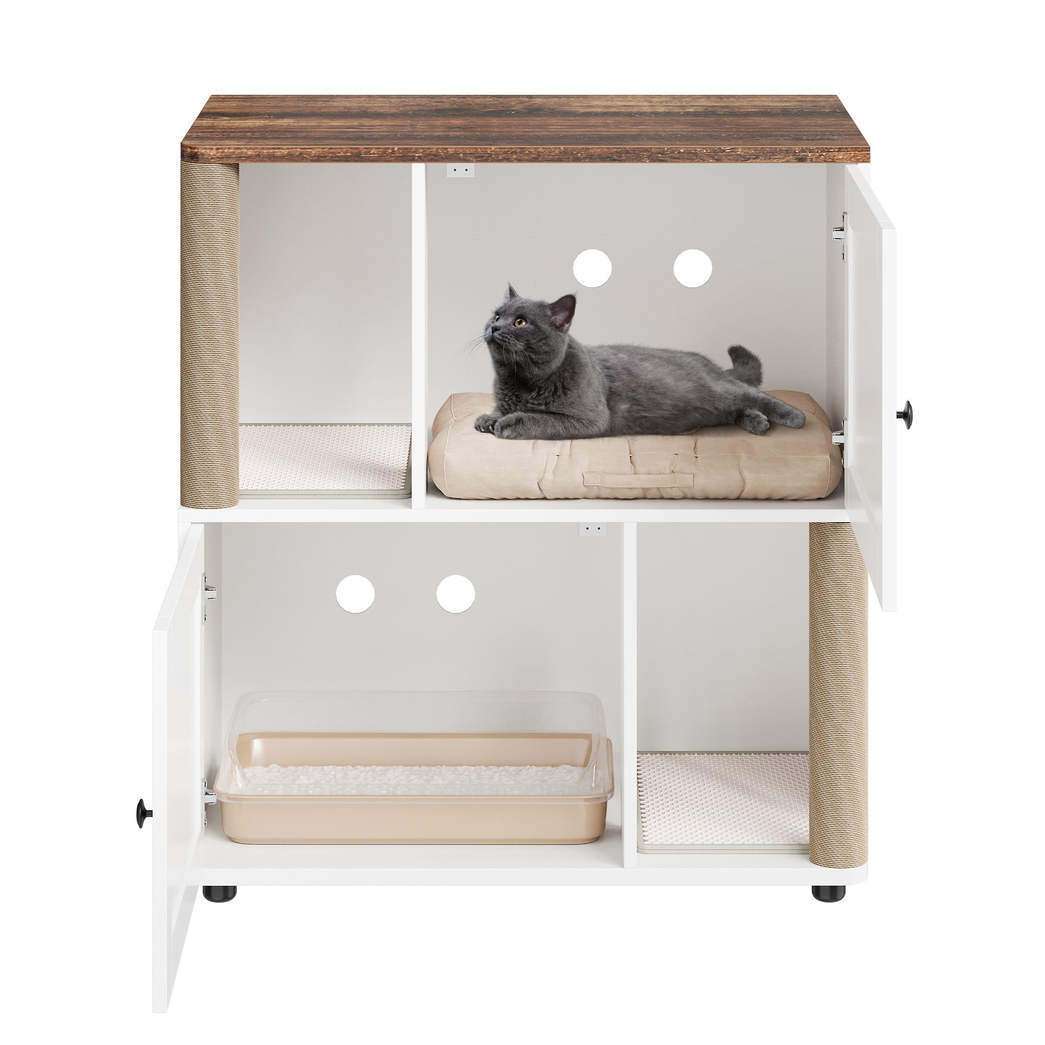 Garvee Double Cat Litter Box Enclosure for 2 Cats – 2-Tier Wooden Cabinet with Marking Post, Litter Mat, Enclosed Litter Box Furniture, Hidden Pet Storage – Basic White Model