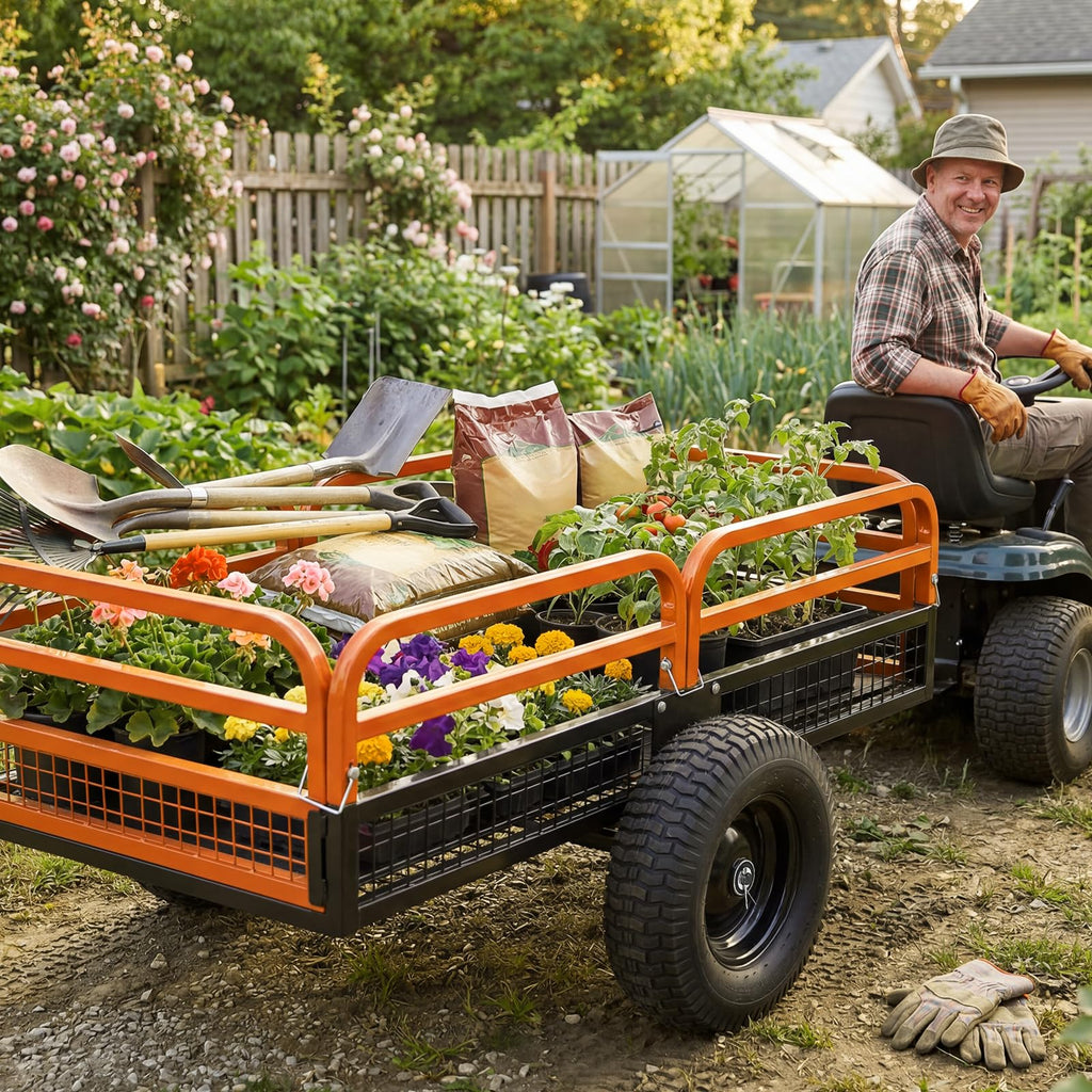 Garvee Orange Dump Cart, 1500 lbs 15 Cu Ft Heavy Duty Steel Garden Utility Trailer with Removable Sides, Quick Release & Pneumatic Tires for Lawn Mower, ATV, UTV, Tractor