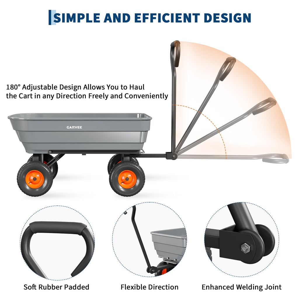 Garvee Garden Dump Cart 600 lb Capacity, 10" All-Terrain Wheel Utility Wagon with Steel Frame, Poly Bed, Quick-Release Dump & 180° Handle, Gray/Orange