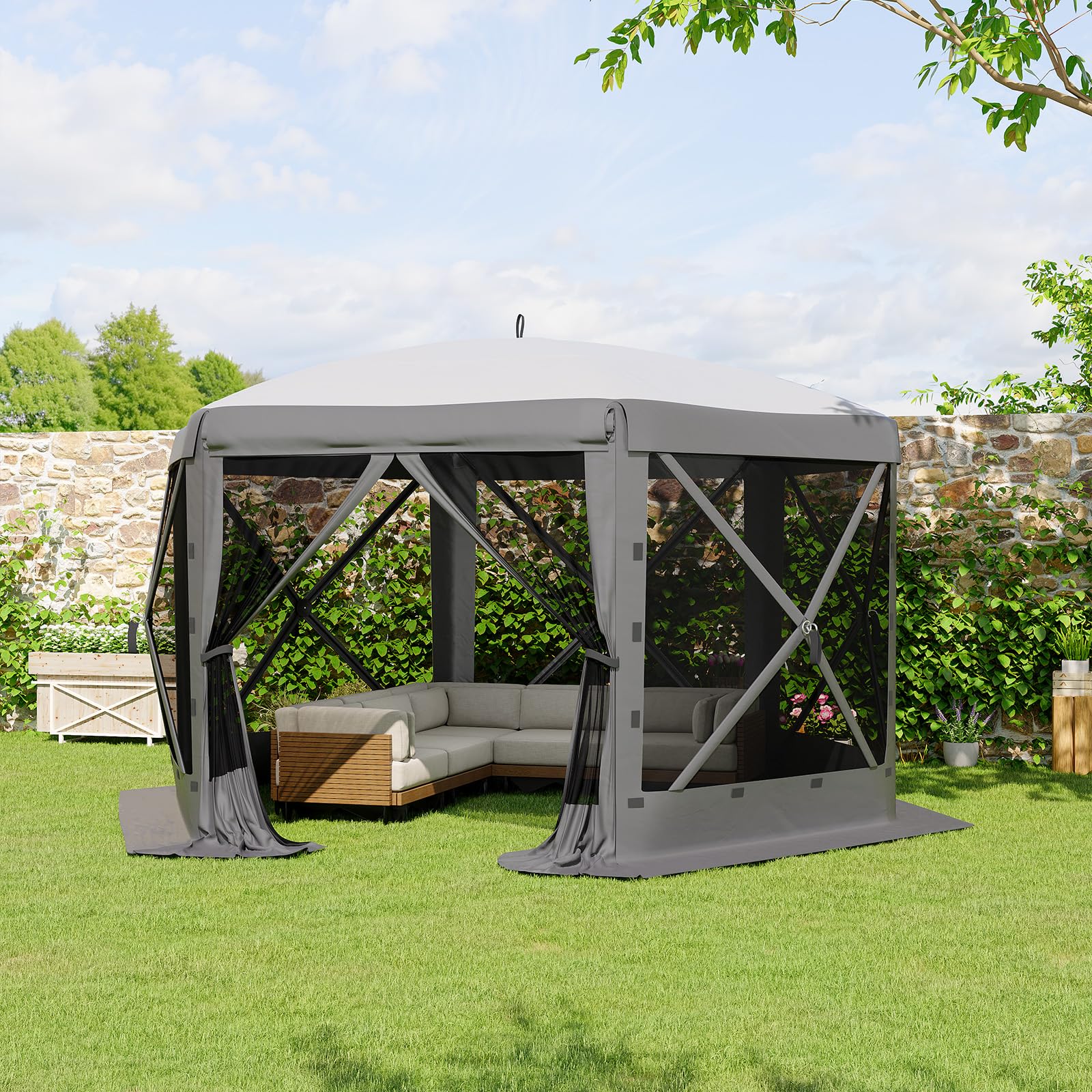 Garvee 13 × 13 ft Screen Tent, Instant Pop-Up Outdoor Canopy with 6 Removable Wind Panels, Mesh Walls & Carry Bag for Camping, Backyard and Patio, Grey