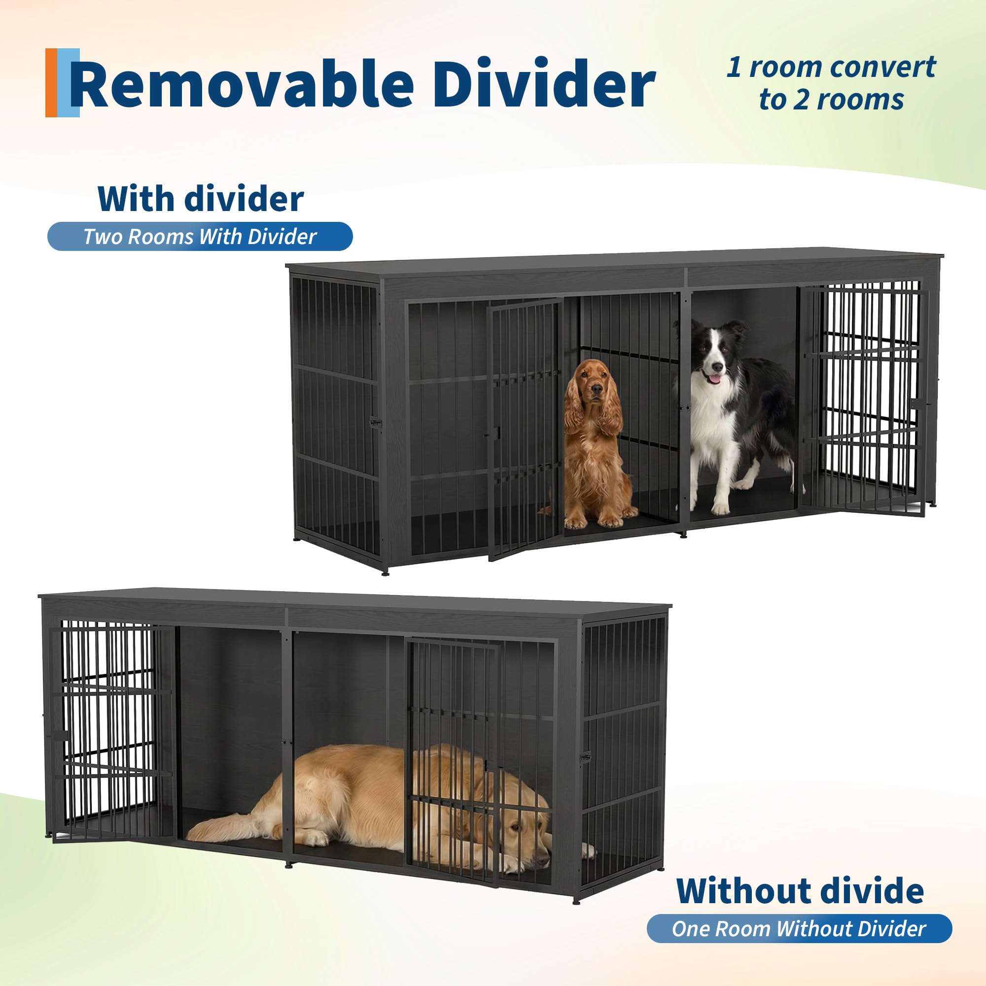 Garvee 94.5" Extra Large Dog House Furniture, Heavy Duty Wooden Dog Kennel Indoor End Table, TV Stand  for Large/Medium Dogs, 4 Doors, Divider, Storage, Adjustable Feet, Gray