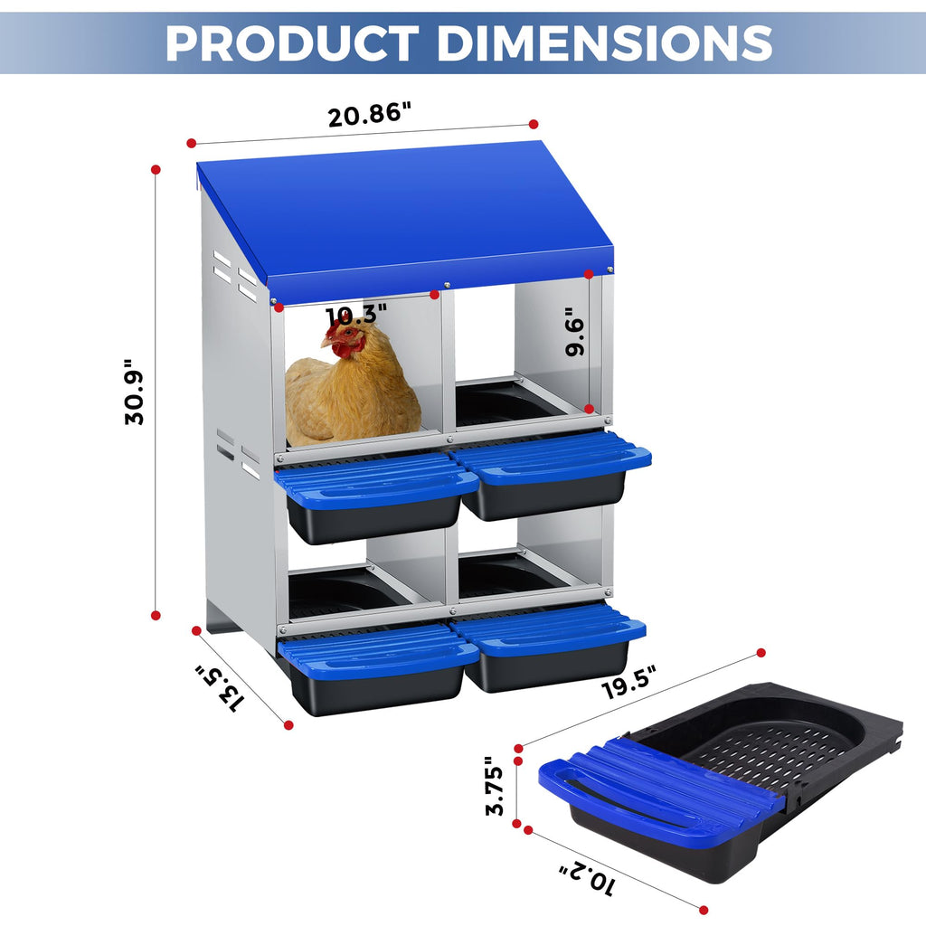 Garvee 4-Compartment 2-Tier Chicken Nesting Box – Roll-Away Tray & Support Stand, Blue