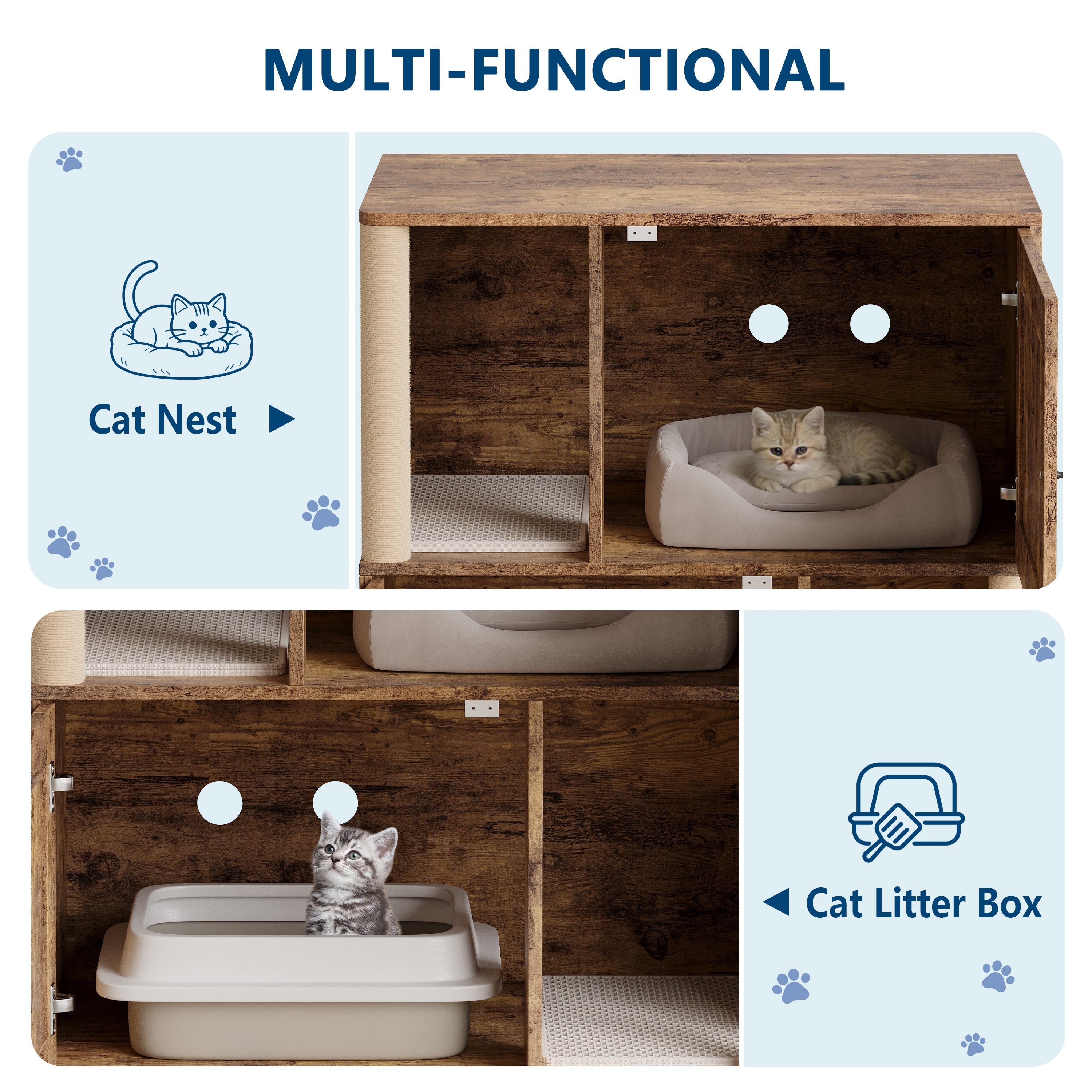 Garvee Double Cat Litter Box Enclosure for 2 Cats – 2-Tier Modern Wooden Cabinet with Built-in Sisal Marking Posts, Dual Litter Mats, Odor Control, Dog-Proof, Hidden Cat Washroom – Grooved Tigerwood