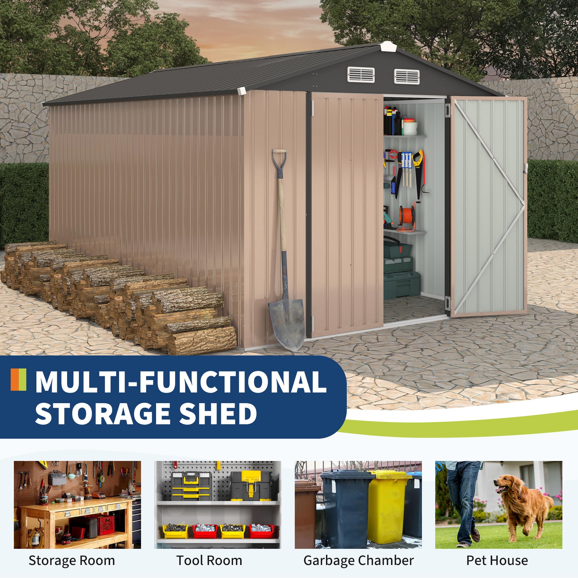 Garvee Spacious Metal Outdoor Storage Outdoor Storage – 8x12 FT Heavy Duty Garden Utility Outdoor Storage with Lockable Door, Air Vent, Windproof & Rainproof – Backyard, Patio, Lawn – Dark Colored Top + Brown Board