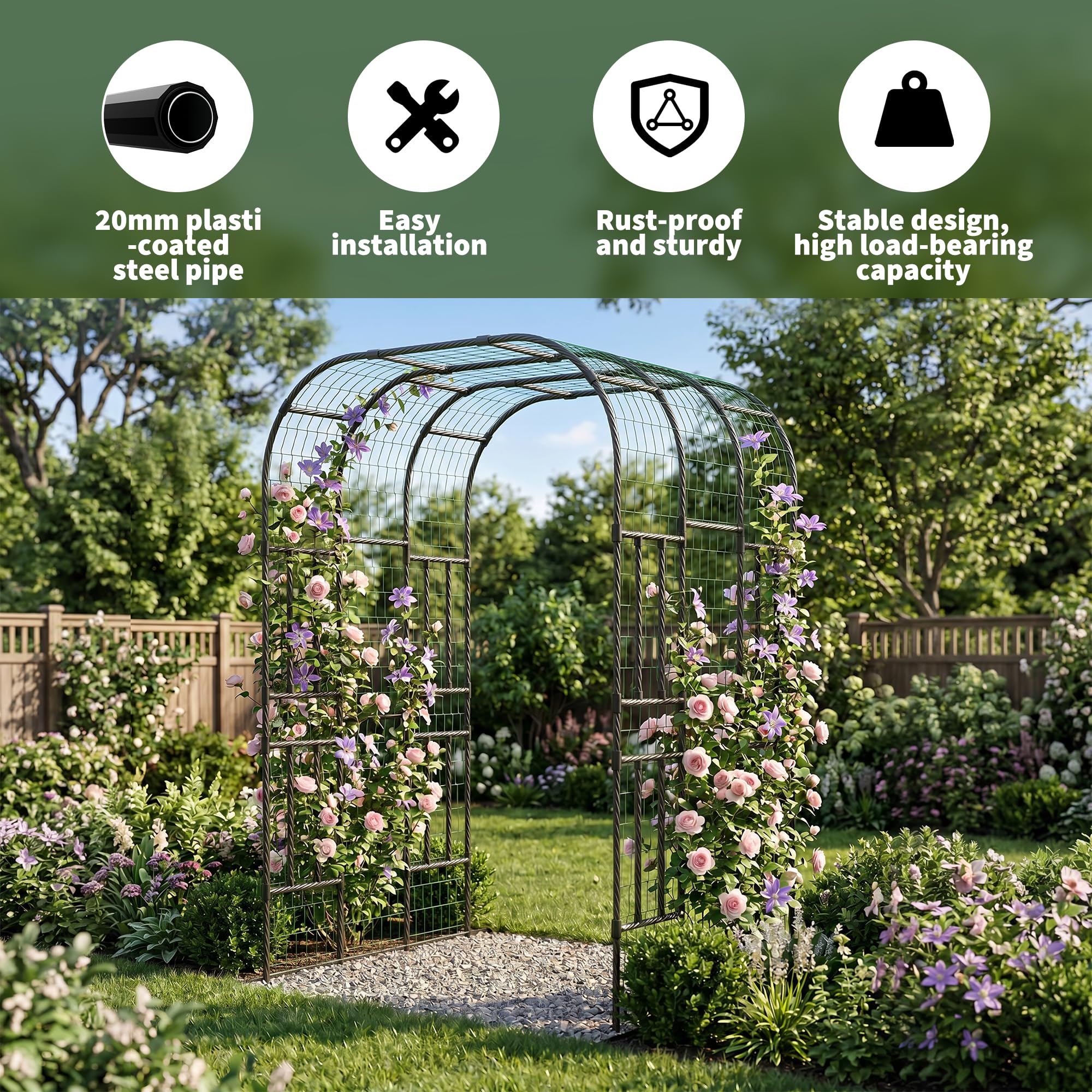 Garvee Garden Trellis Arch, 7.3 ft Extra Tall Polyethylene-Coated Steel Plant Support with 60"W x 87"H Frame for Cucumbers, Tomatoes, Beans & Flowers