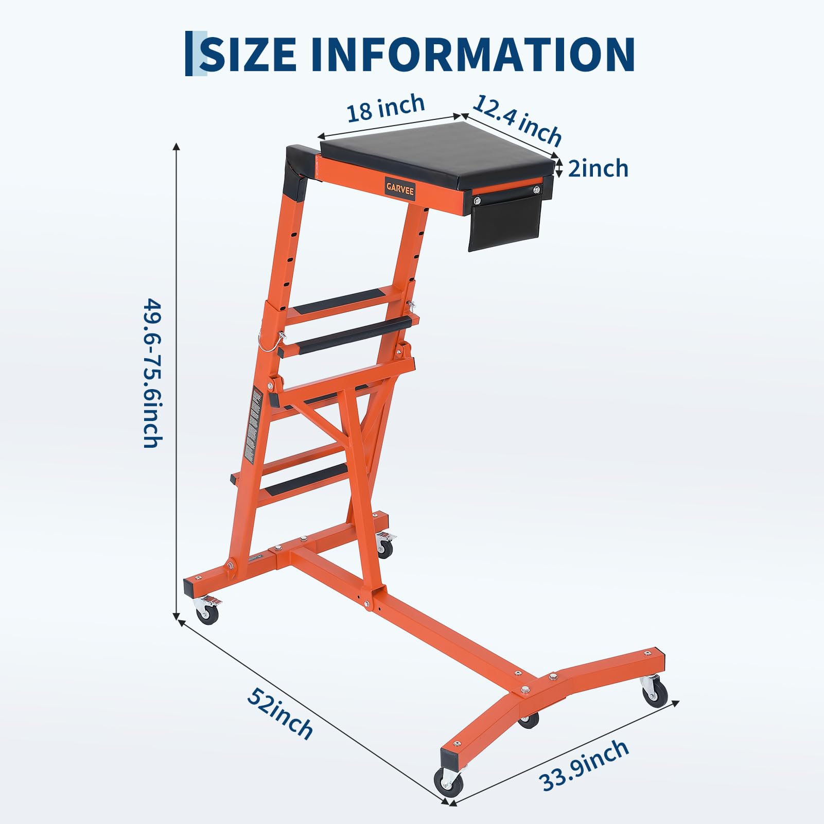 Garvee Automotive Engine Creeper with Adjustable Height & Padded Deck, Heavy-Duty Steel, Lockable Casters, Foldable for Jeeps & Trucks, Orange