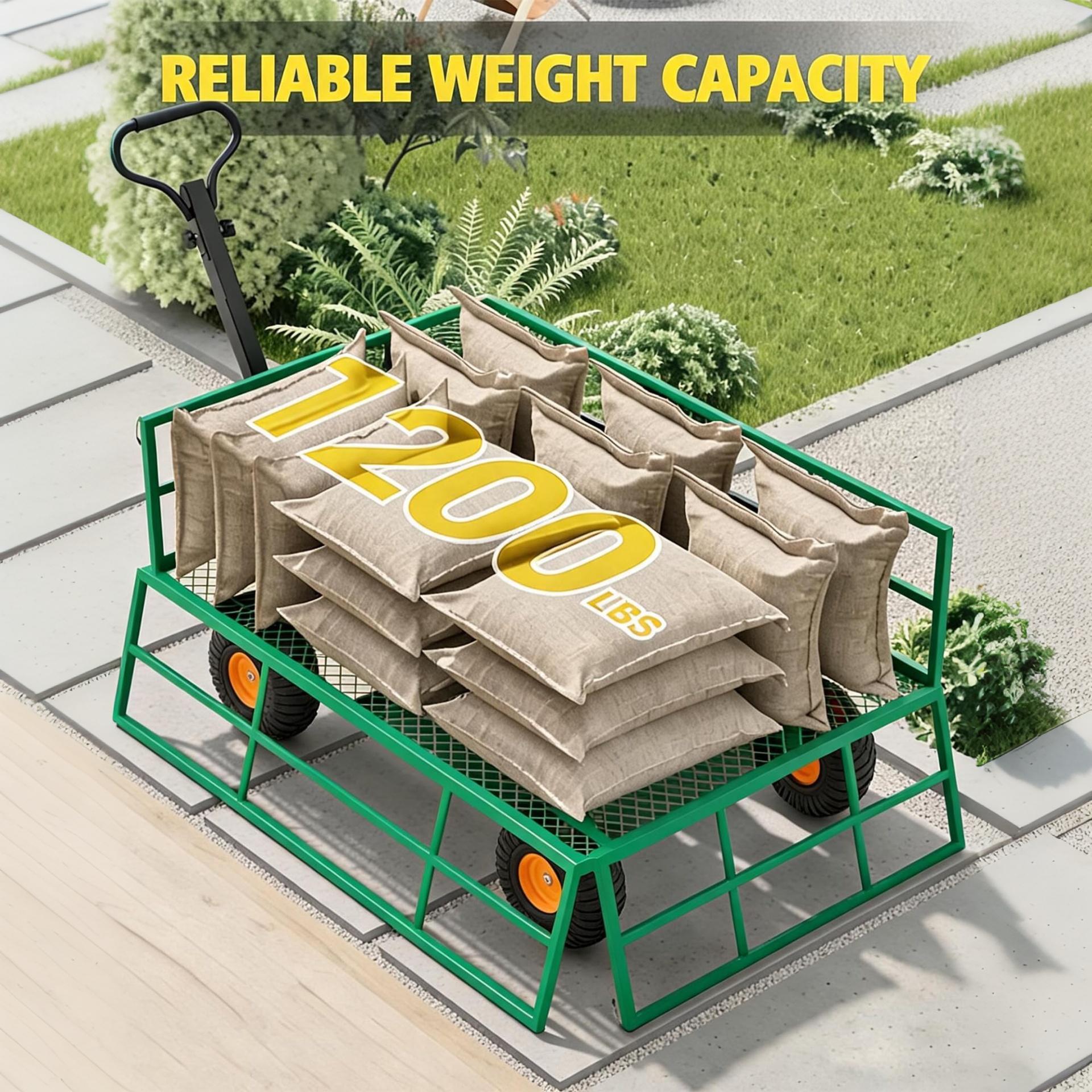 Garvee Steel Garden Cart for Lawn and Farm Use, 1200 lbs Capacity with 13-Inch Pneumatic Wheels and 2-in-1 Pull Handle, Green and Orange