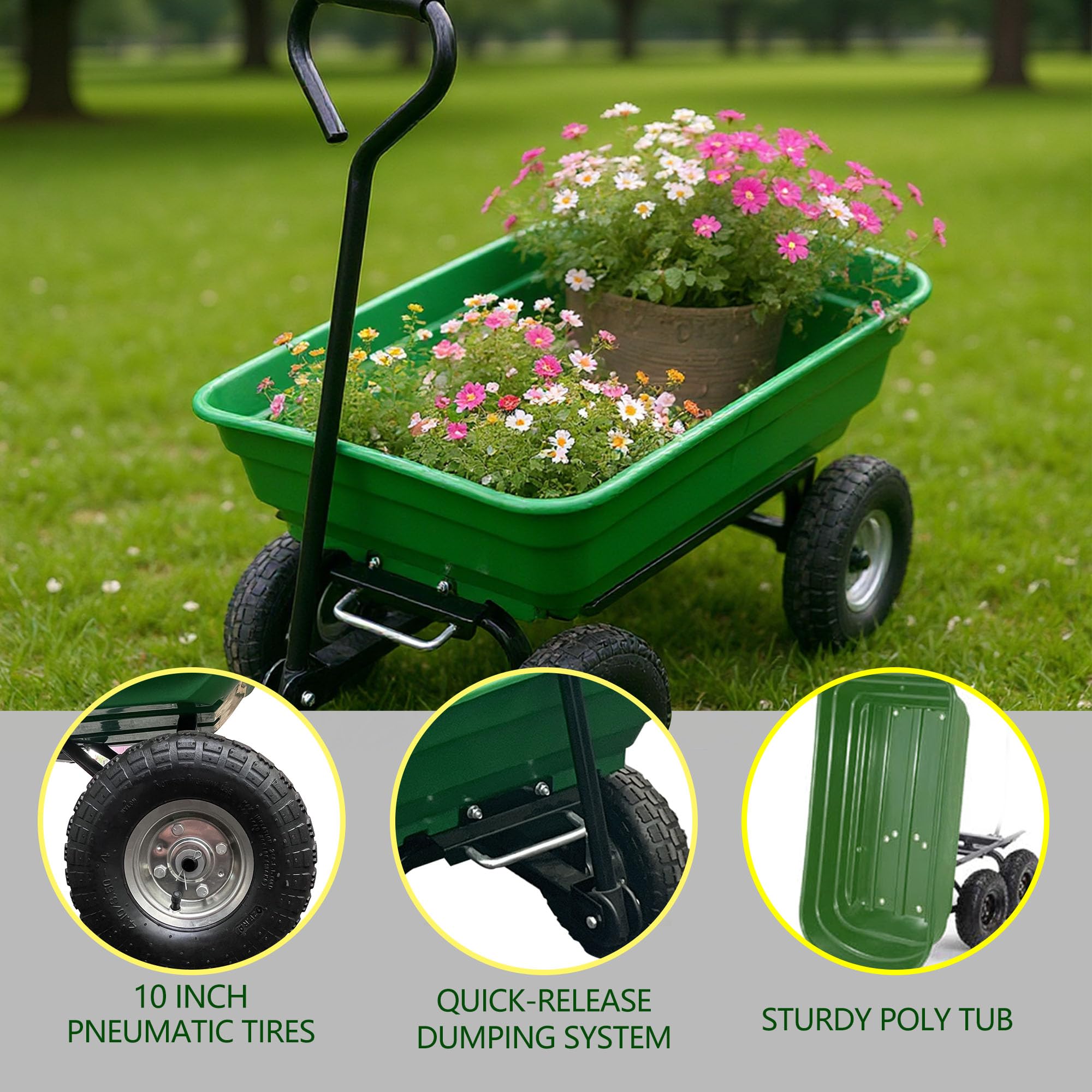 Garvee Garden Wheelbarrow Cart, 4-Wheel Green Utility Wagon with Built-In Stand for Yard Work, Planting and Home Outdoor Transport