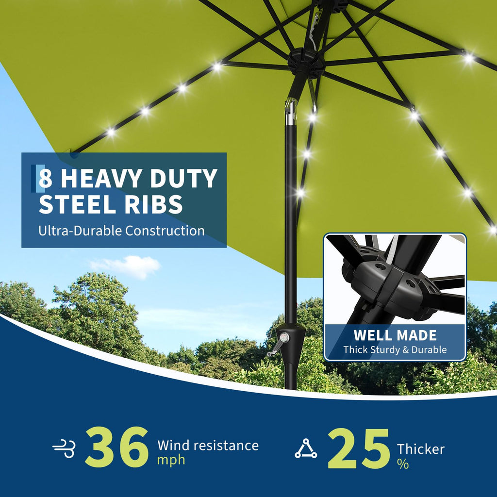 Garvee 10 ft Solar Patio Umbrella with 32 LED Lights, Outdoor Market Umbrella with Crank Lift & Tilt, UV-Resistant Canopy for Pool, Garden & Backyard, Apple Green