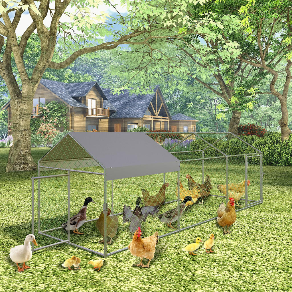Garvee 118" x 39" Large Metal Chicken Coop with Outdoor Run - Galvanized Steel Poultry Cage with Waterproof Weather Cover & 2 Easy-Access Doors for Backyard Chickens, Ducks, & Rabbits (Silver)