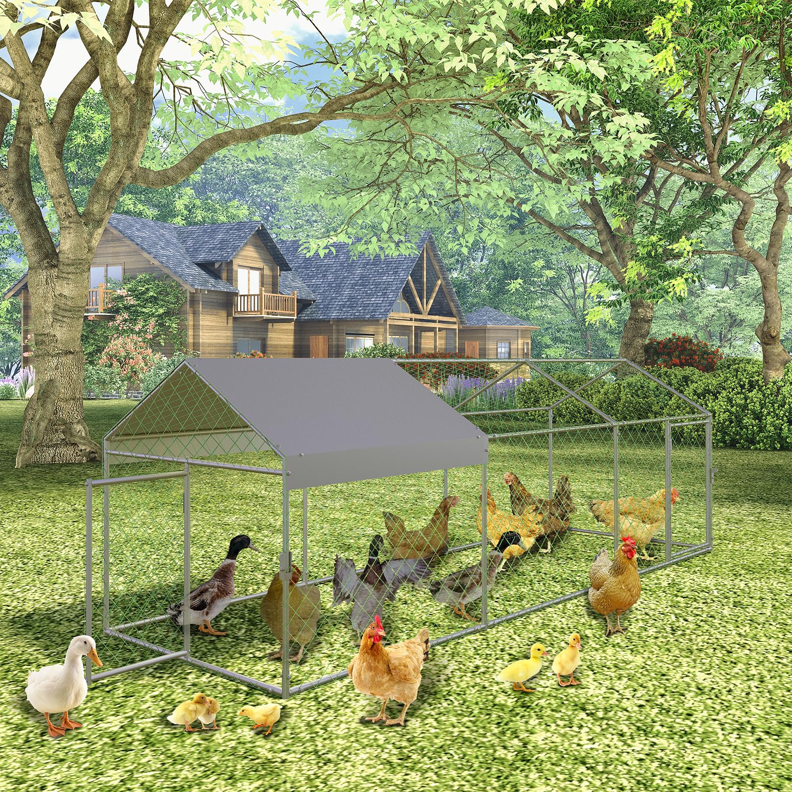 Garvee 118" x 39" Large Metal Chicken Coop with Outdoor Run - Galvanized Steel Poultry Cage with Waterproof Weather Cover & 2 Easy-Access Doors for Backyard Chickens, Ducks, & Rabbits (Silver)