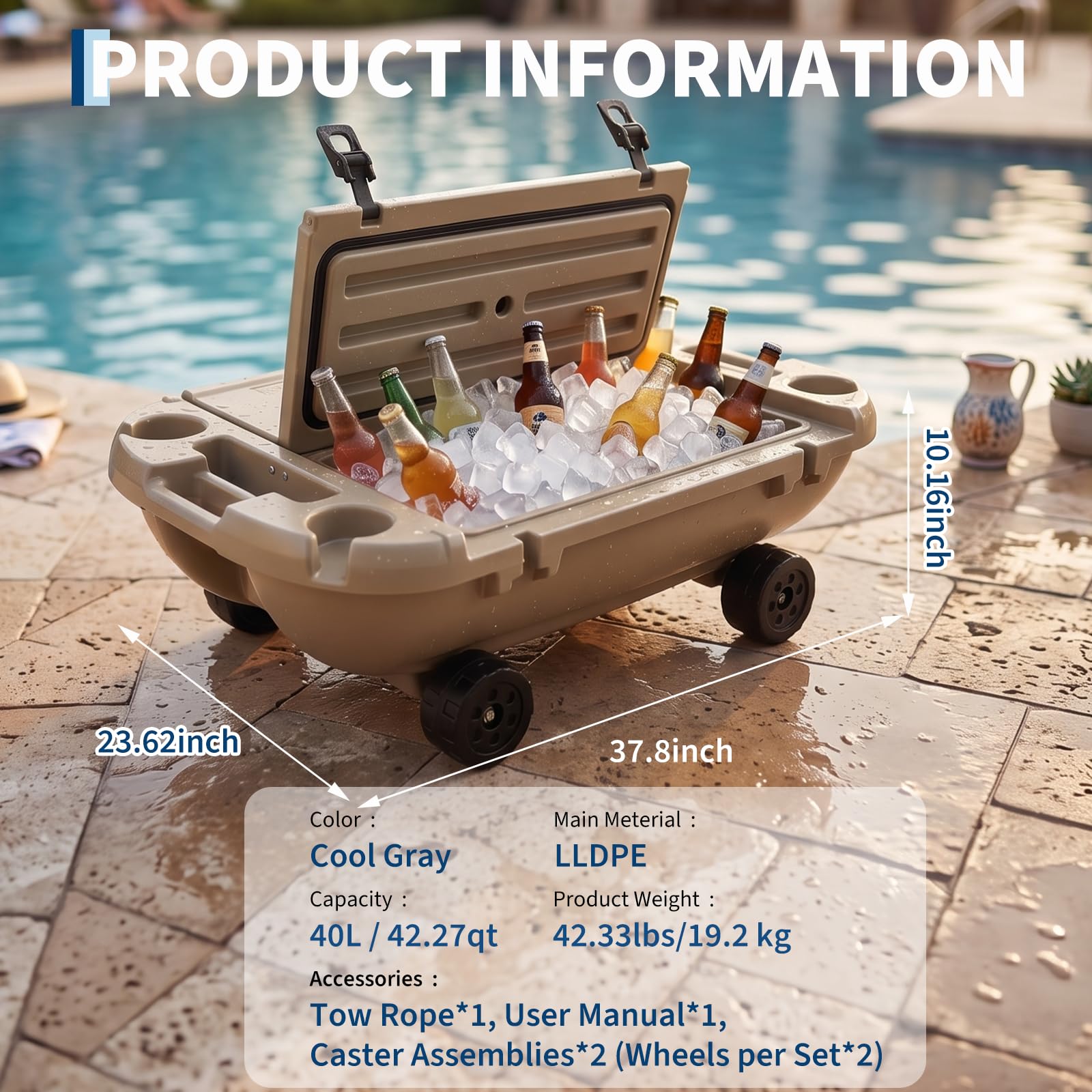 Garvee 40L Floating Cooler with Wheels, 42.5QT Rotomolded All-Terrain Ice Chest with Tow Rope & 4 Cup Holders, Drift Mobile Beverage Cooler for River, Pool, Beach, Kayak, Cool Gray,  Khaki