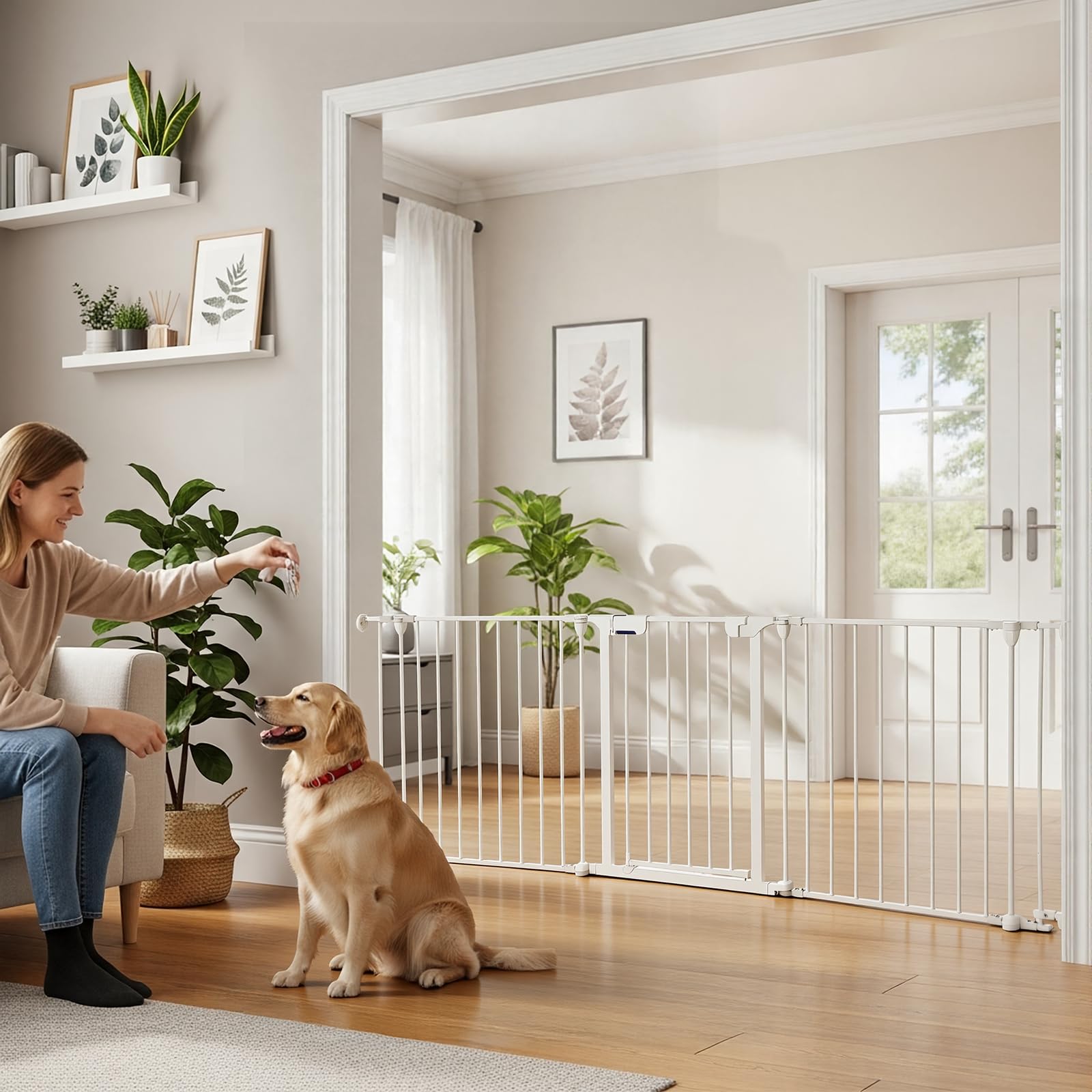 Garvee Adjustable Metal Pet Safety Gate 8-Panels, 29" High Collapsible Playpen with Lockable Door, Portable Indoor/Outdoor Barrier for Stairs, Doorways, RV, Camping, Yard, Garden, White