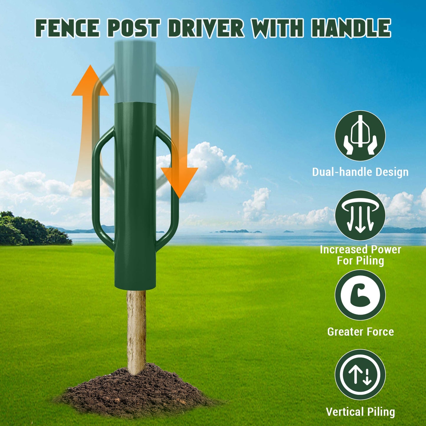 Garvee 37 LB Heavy Duty Steel Fence Post Driver with Dual Handles - 28" x 6.5" Manual T-Post & U-Post Rammer, 0.2" Thick Carbon Steel Soil Compactor for Wooden Posts, Metal Fencing Stakes, and Sign Poles (Green)