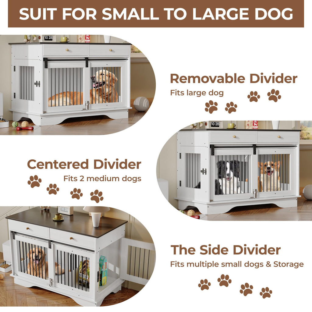 Garvee 2 Pack Spacious Double Dog Crate Furniture, 47" Large Dog Kennel, Removable Divider, 2 Storage Drawers, Chew-Resistant, Triple Door End Table for Large Dogs, White+Brown Table Top