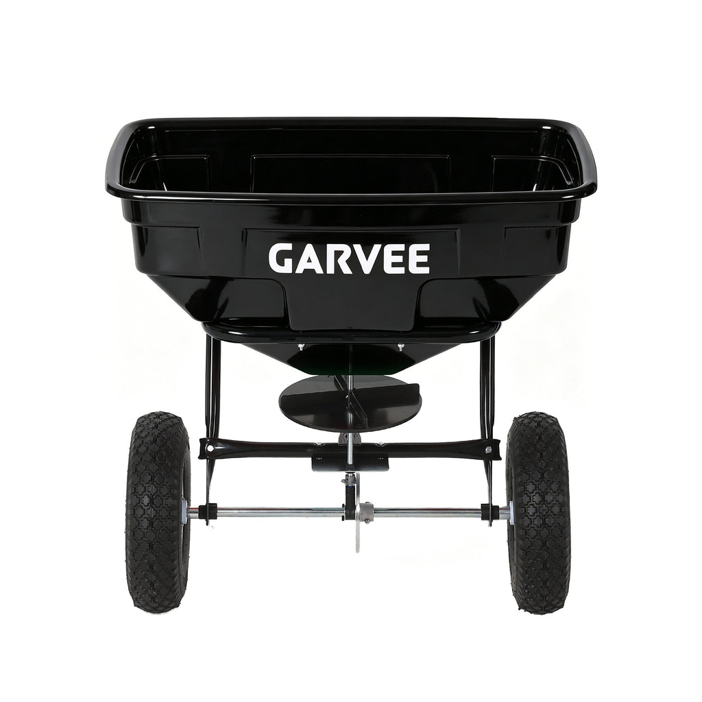 Garvee 130 lb Tow-Behind Broadcast Spreader, Heavy-Duty Lawn & Garden Spreader with 0–12 ft Coverage, Universal Hitch, 13" Pneumatic Tires & 20-Level Flow Control for ATV, UTV & Riding Mower, Black