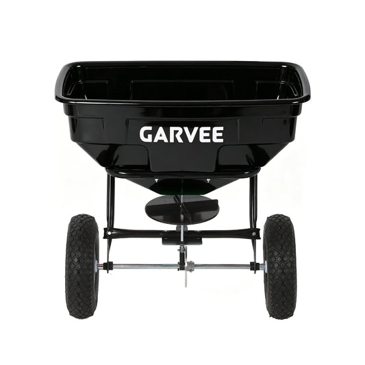 Garvee 130 lb Tow-Behind Broadcast Spreader, Heavy-Duty Lawn & Garden Spreader with 0–12 ft Coverage, Universal Hitch, 13" Pneumatic Tires & 20-Level Flow Control for ATV, UTV & Riding Mower, Black