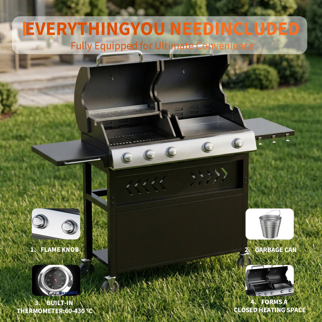 Garvee 5 Burner Propane Gas Grill Griddle Combo with Porcelain Enamel Cast Iron Grate & Cast Iron Pan – Dual BBQ Grill with Flat Top Griddle, 40,000 BTU Large Outdoor Gas Grill for Backyard Kitchen
