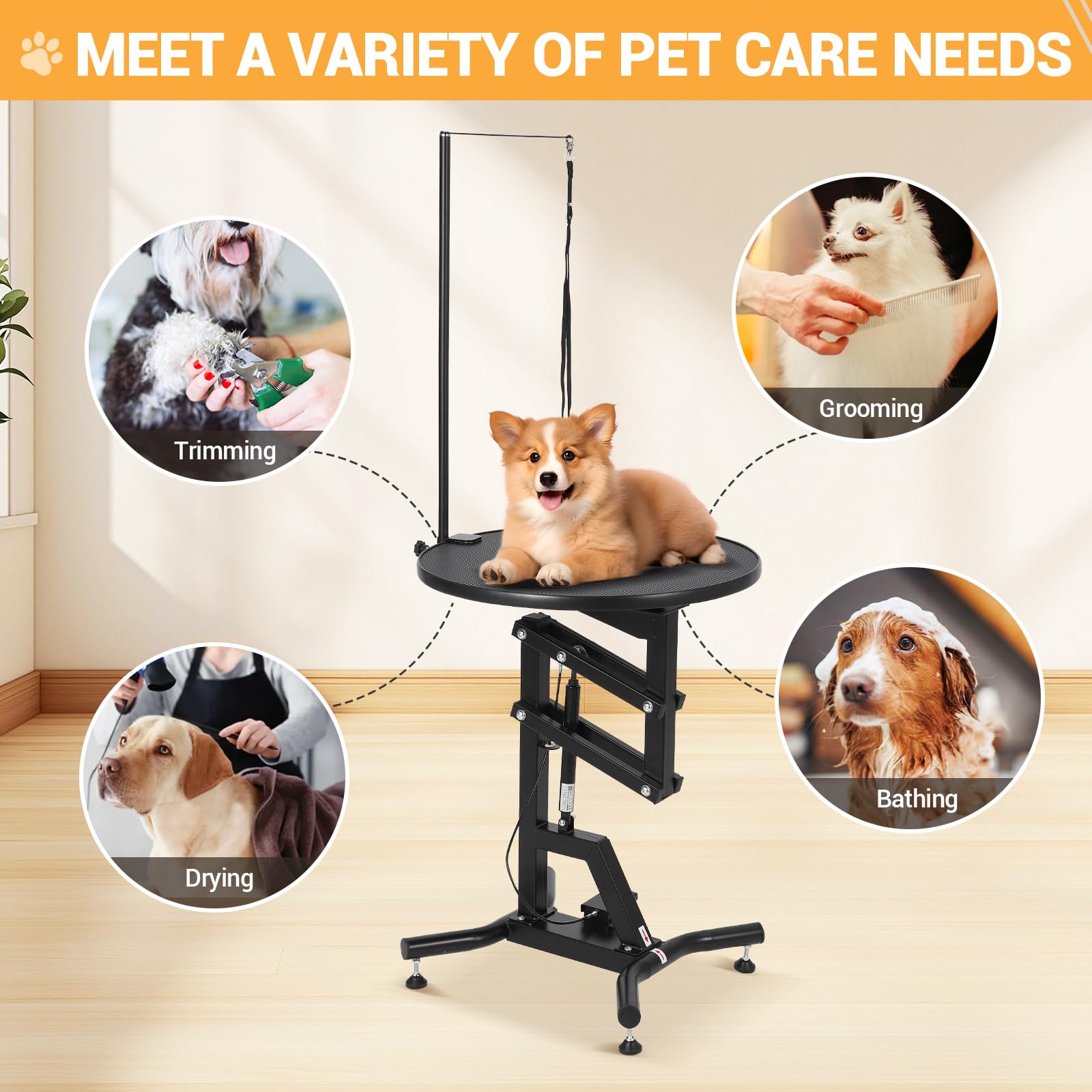 Garvee 24" Hydraulic Dog Grooming Table, Heavy Duty 360° Rotating Grooming Table Adjustable Overhead Arm & Noose for Small Dogs, Round Pet Grooming Station, 210 Lbs Weight Capacity, Black