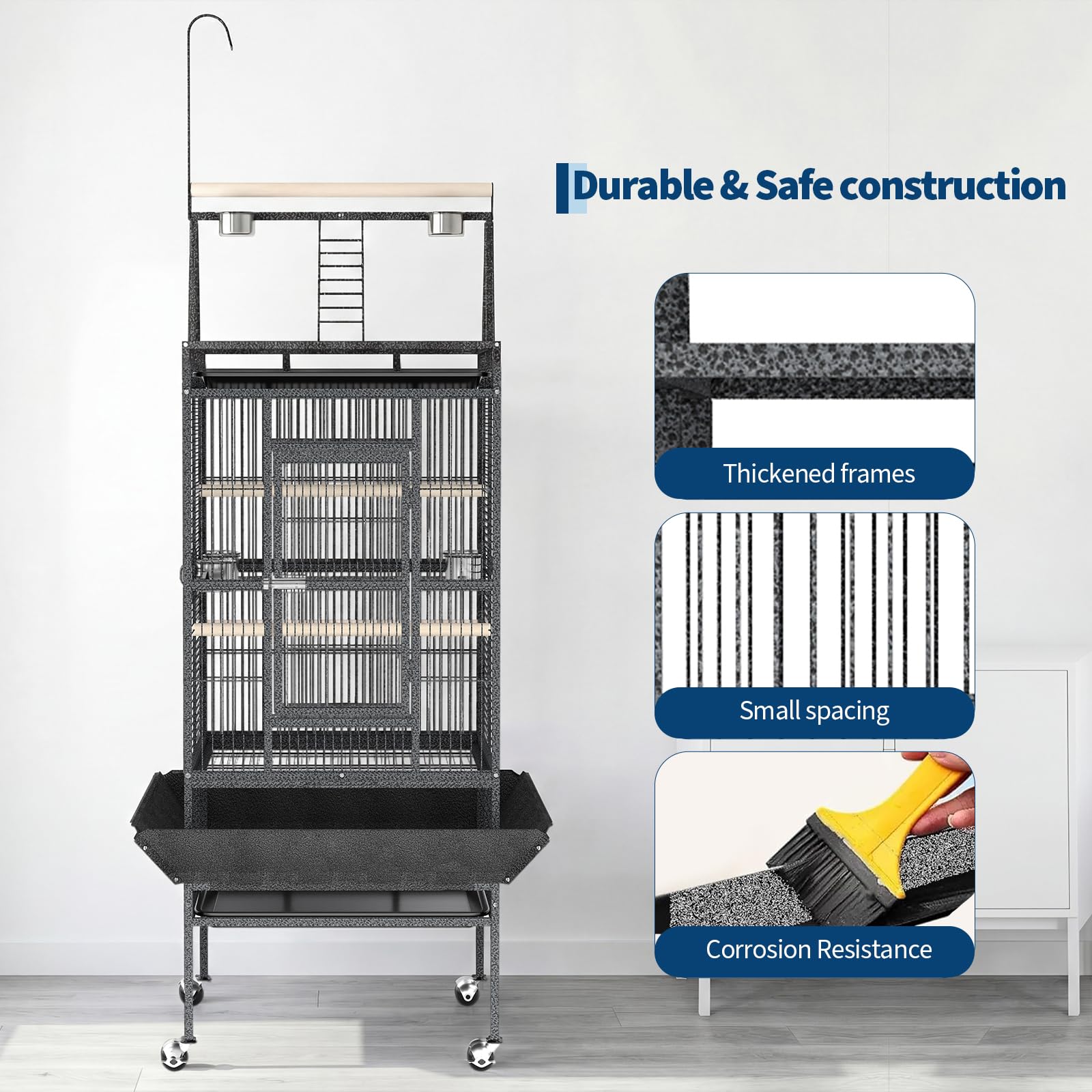 Garvee Extra Large 82" Parrot Cage with Play Top & Rolling Stand, Heavy Duty Wrought Iron Aviary – Spacious, Secure, Easy to Clean – Removable Tray & Rope Perch – Ideal for Parrots, Parakeets