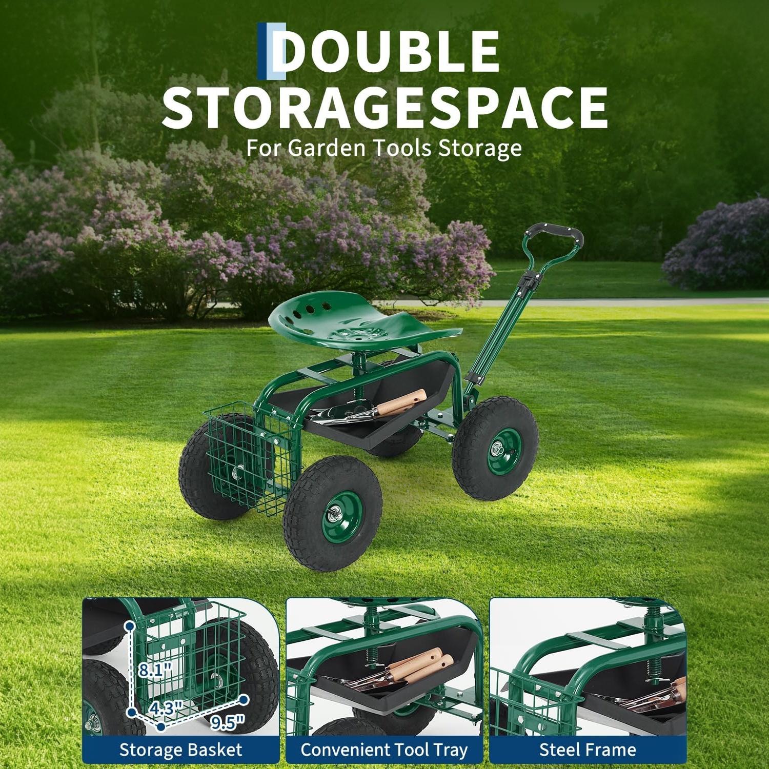 Garvee Green Rolling Garden Work Seat with Wheels, 360° Swivel Gardening Cart with Extendable Steering Handle, Tool Tray, Storage Basket & 10" Inflatable Tires, 400 lb Capacity Garden Scooter for Yard, Patio & Outdoor Use