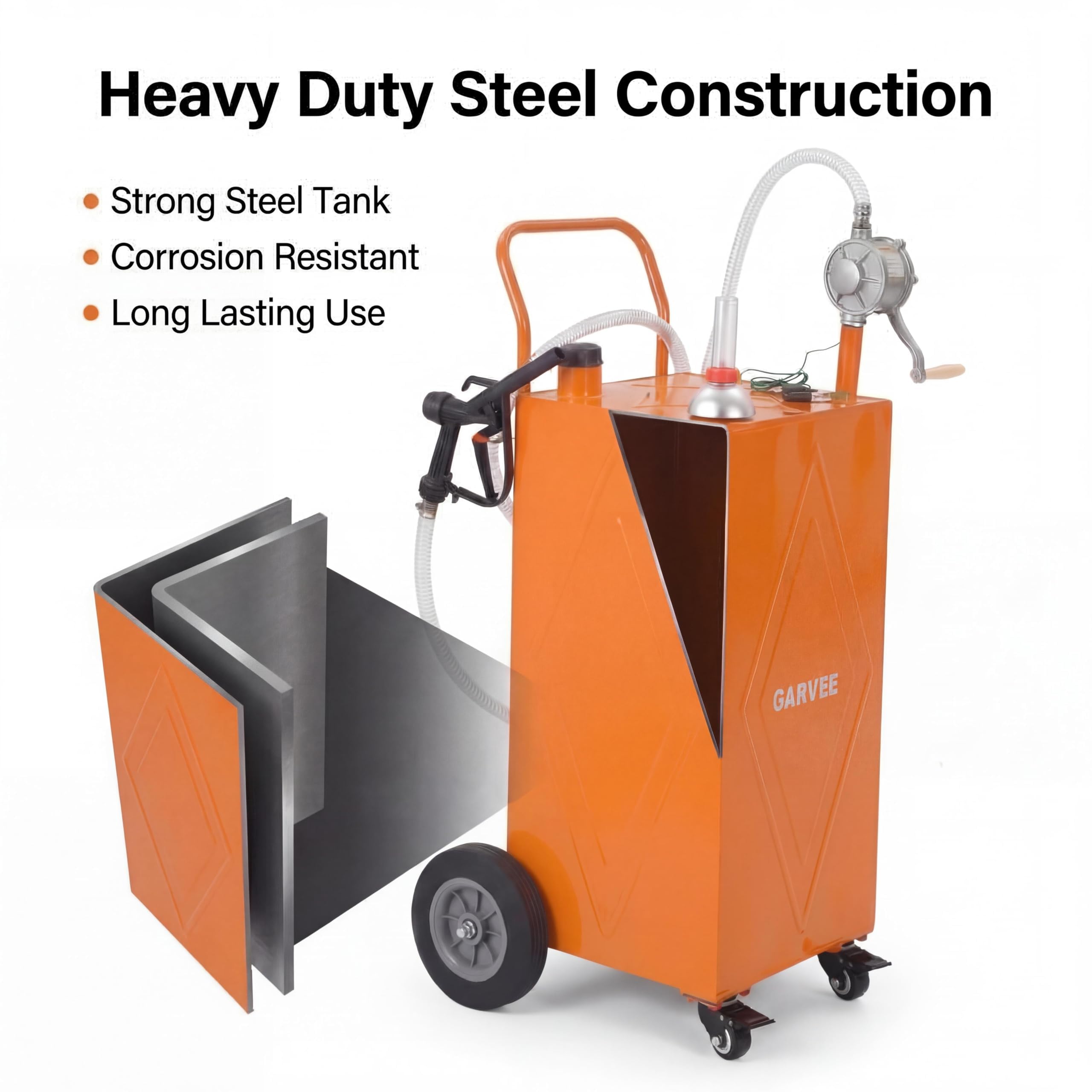 Garvee 30 Gallon Fuel Caddy with Manual Pump, Portable Fuel Transfer Tank on Wheels, Heavy Duty Gasoline & Diesel Storage Container for Trucks, Boats, ATVs, Lawn Mowers, Farm Equipment