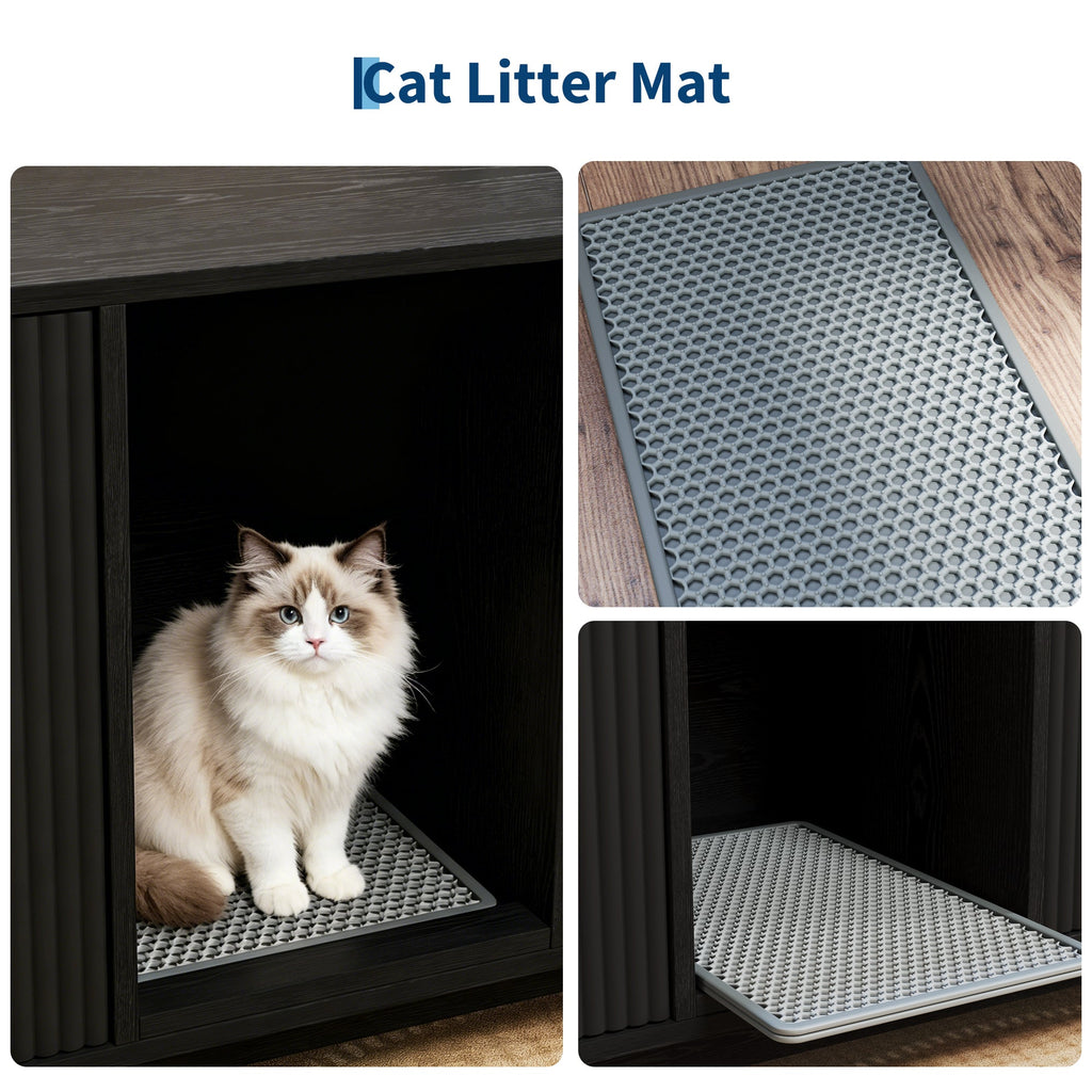 Garvee Double Cat Litter Box Enclosure Furniture, Hiddden Litter Box Furniture with Litter Collector & Scratch Pad, Wooden Litter Box Cabinet, Cats House, Black