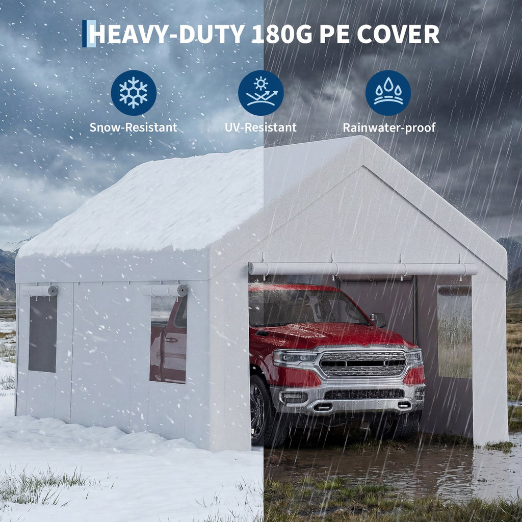 Garvee Portable Carport, 10 x 20 FT White Vehicle Shelter with Galvanized Steel Frame, 4 Roll-Up Doors and 4 Vent Windows for Cars, Trucks and Boats