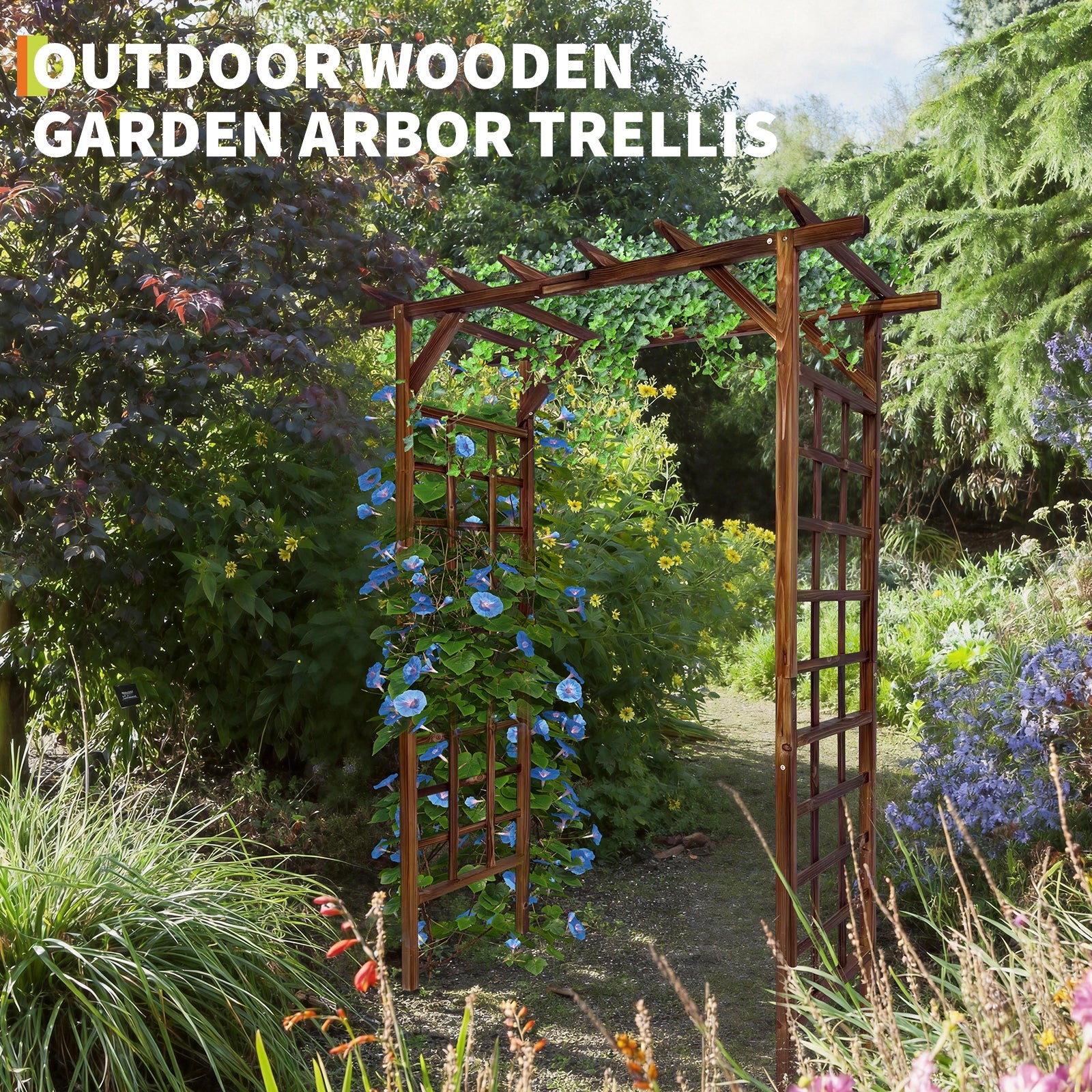 Garvee 85-Inch Wooden Garden Arbor Trellis, Fir Wood Flat-Top Pergola for Climbing Plants, Wedding, Patio, Lawn & Backyard, Dark Brown