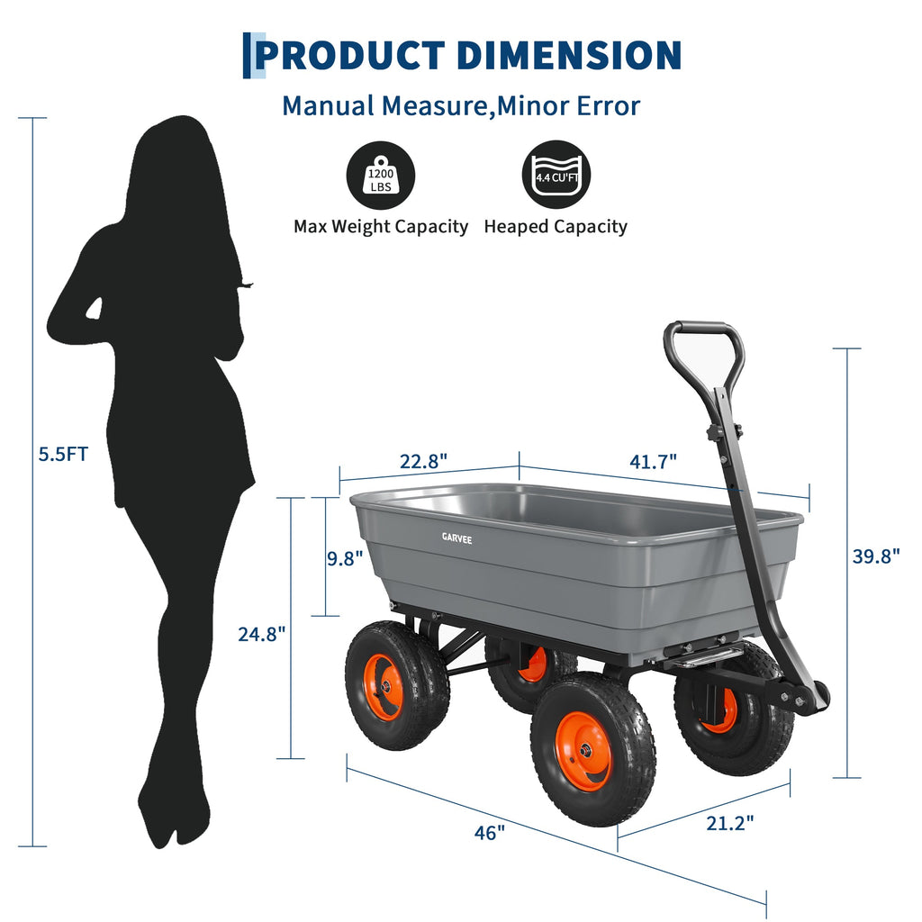 Garvee 1200 lb Heavy-Duty Poly Garden Dump Cart, Utility Wagon with Quick-Release Dump System, 13" Flat-Free All-Terrain Wheels, 270° Towable Handle, Reinforced Steel Frame for Yard, Soil, Rocks & Landscaping, Gray/Orange