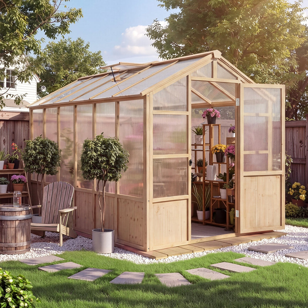 Garvee 6' x 12' Wooden Walk-In Greenhouse Kit, Outdoor Green House with Natural Spruce Wood Frame, Polycarbonate Panels, Ventilated Windows & Lockable Door for Garden, Backyard, Patio & Lawn