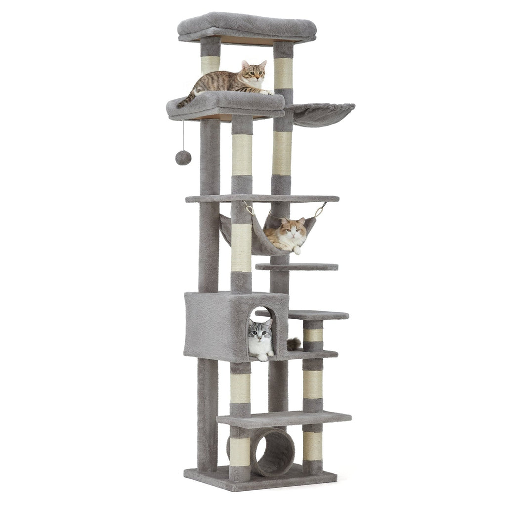 Garvee Multi-Level Cat Tree with Condo, 74" Tall Cat Tower with 11 Scratching Posts, Hammock, Tunnel, Large Top Perches & Anti-tip Kit, Indoor Cat Furniture for Large Cats, Light Gray