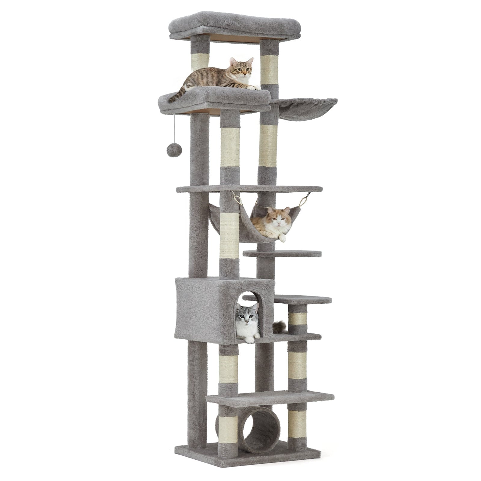 Garvee Multi-Level Cat Tree with Condo, 74" Tall Cat Tower with 11 Scratching Posts, Hammock, Tunnel, Large Top Perches & Anti-tip Kit, Indoor Cat Furniture for Large Cats, Light Gray