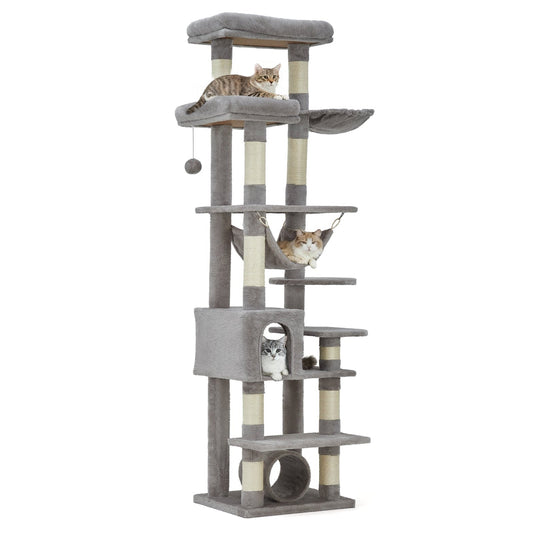 Garvee Multi-Level Cat Tree with Condo, 74" Tall Cat Tower with 11 Scratching Posts, Hammock, Tunnel, Large Top Perches & Anti-tip Kit, Indoor Cat Furniture for Large Cats, Light Gray