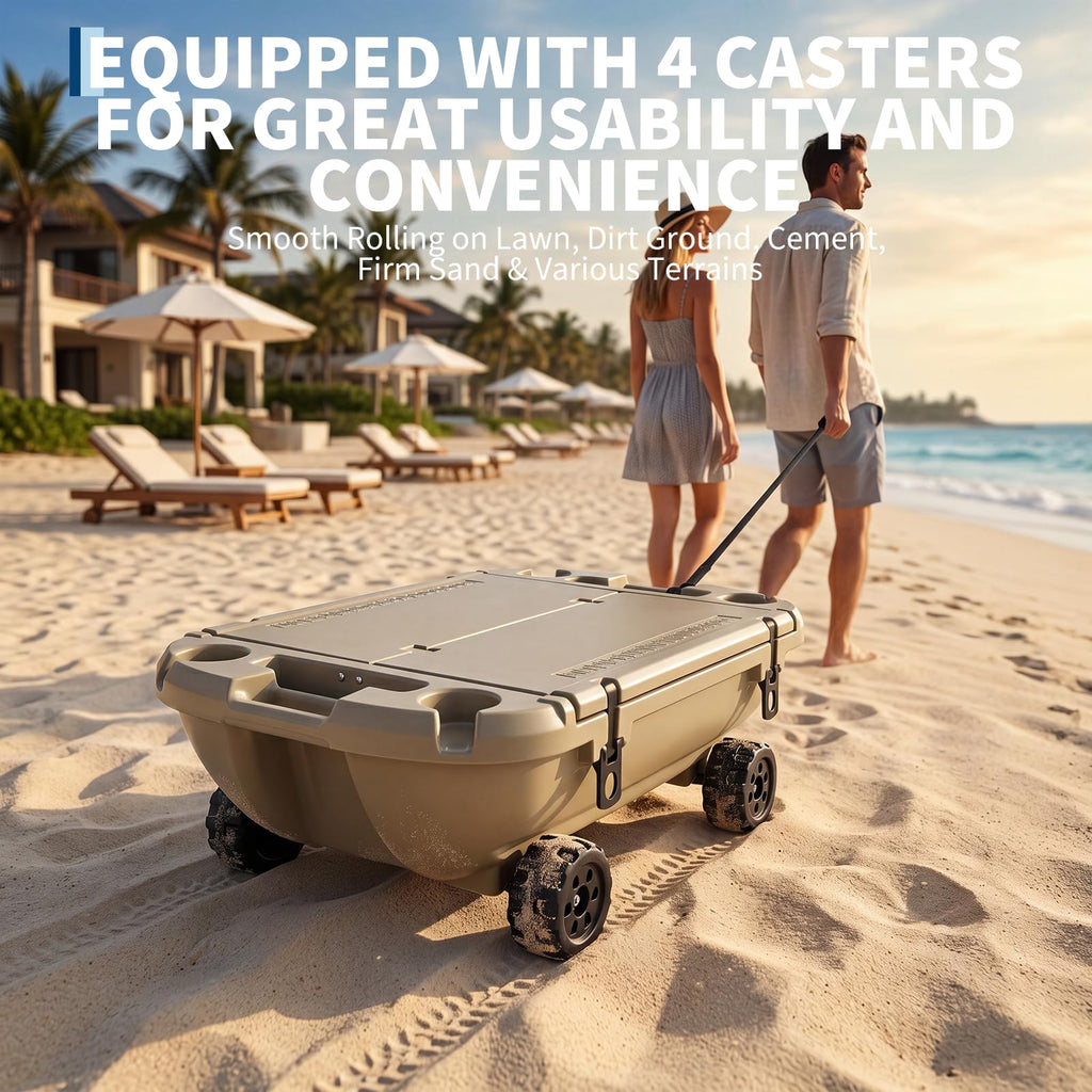 Garvee 40L Floating Cooler with Wheels, 42.5QT Rotomolded All-Terrain Ice Chest with Tow Rope & 4 Cup Holders, Drift Mobile Beverage Cooler for River, Pool, Beach, Kayak, Cool Gray,  Khaki