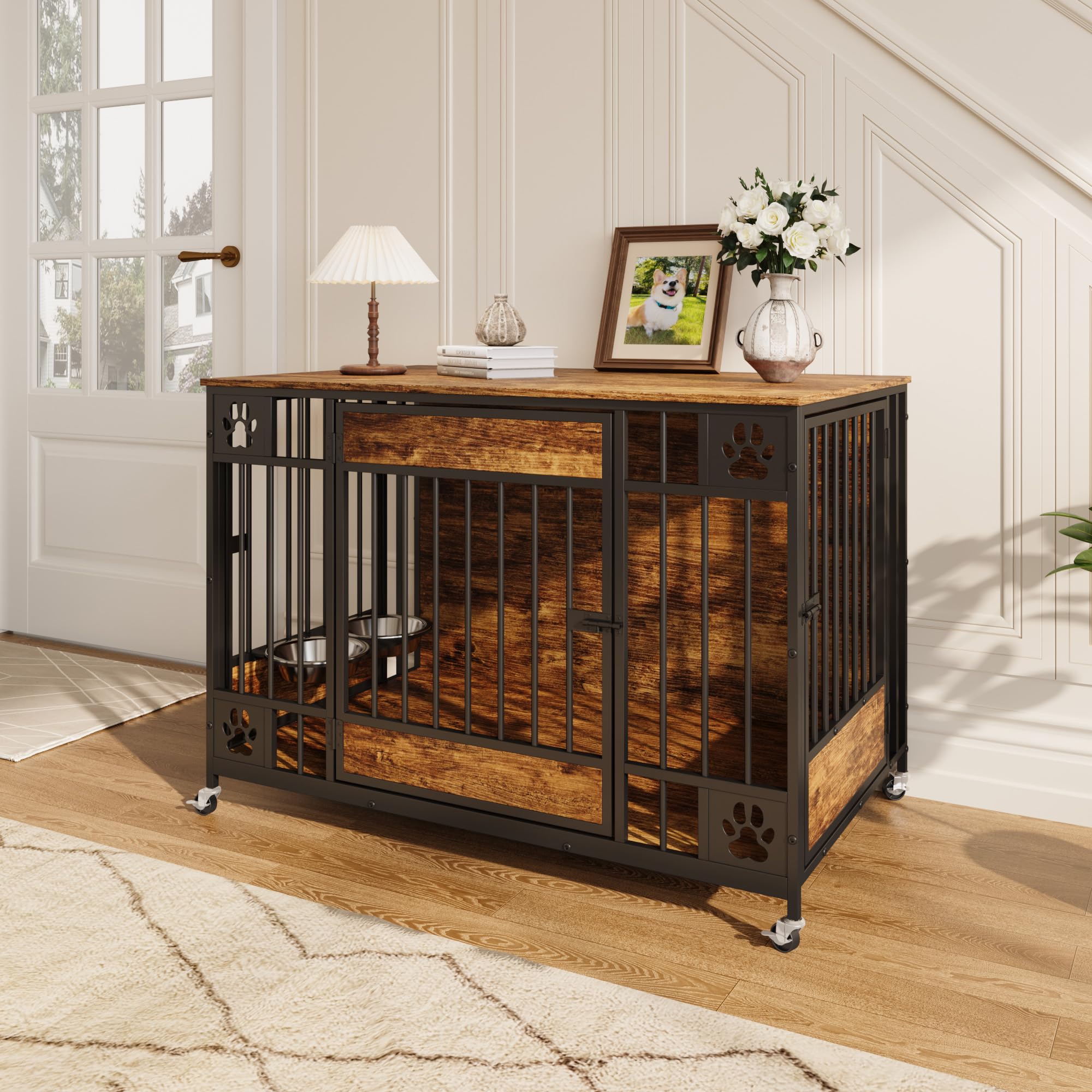 Garvee Modern Triple Door Dog Crate Furniture – 41" Heavy Duty Wooden Kennel with Feeding Bowls & Wheels – End Table Pet Cage for Medium & Large Dogs – Antique Brown