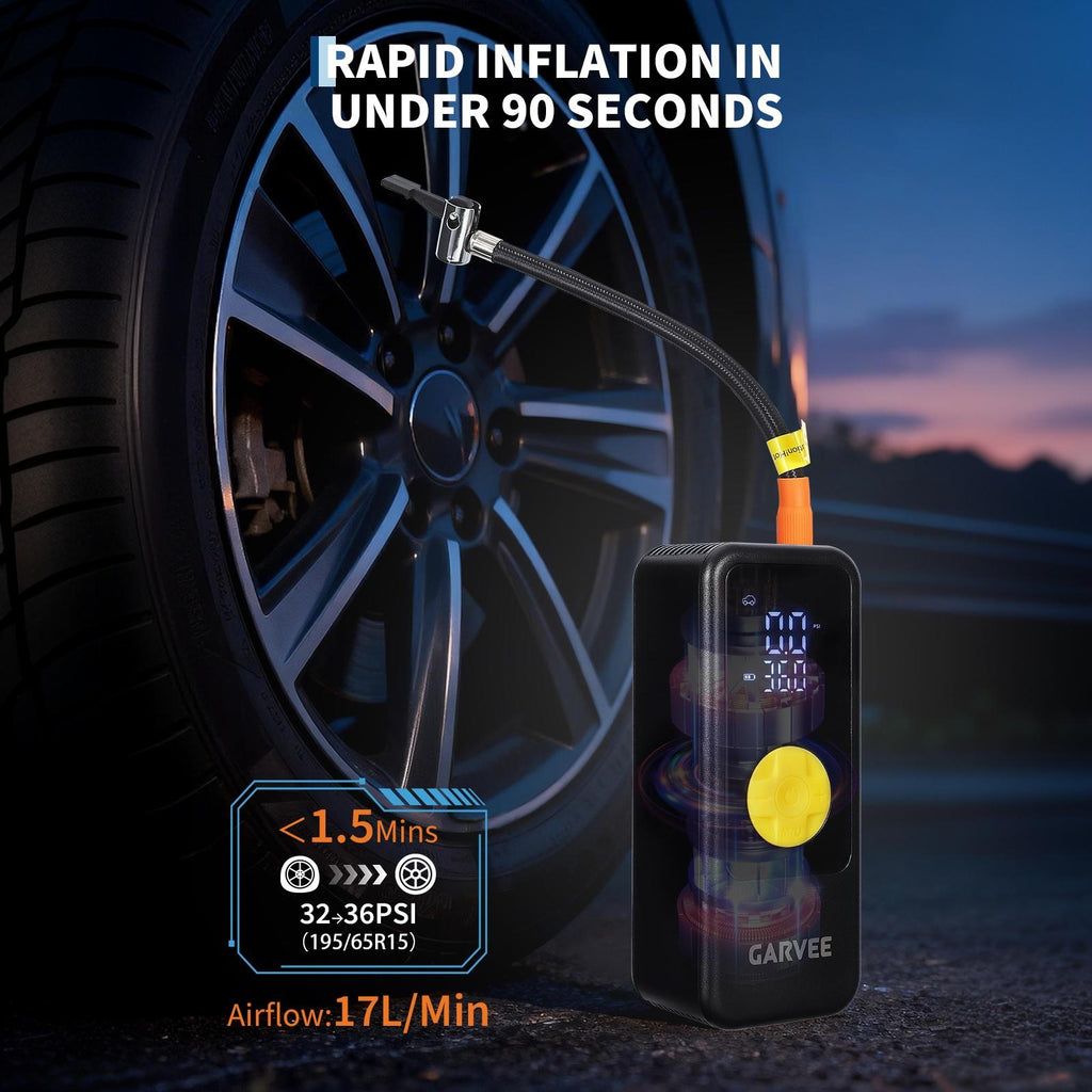 Garvee 150PSI Wireless Tire Inflator Air Compressor – Digital Pressure Gauge, Auto Shut-Off, Type-C Charging, LED Light, Rechargeable Battery – Car, Motorcycle, Two-wheeler, Sports Balls – Bright Yellow - US Standard