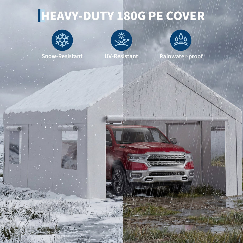 Garvee Portable Carport, 12 x 20 FT Gray Vehicle Shelter with Galvanized Steel Frame, 4 Roll-Up Doors and 4 Vent Windows for Cars, Trucks and Boats