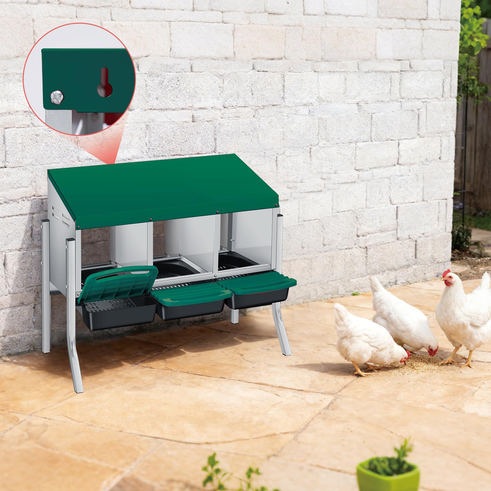 Garvee 3-Compartment Galvanized Steel Chicken Nesting Box – Roll-Away Tray & Freestanding Bracket Legs, Green