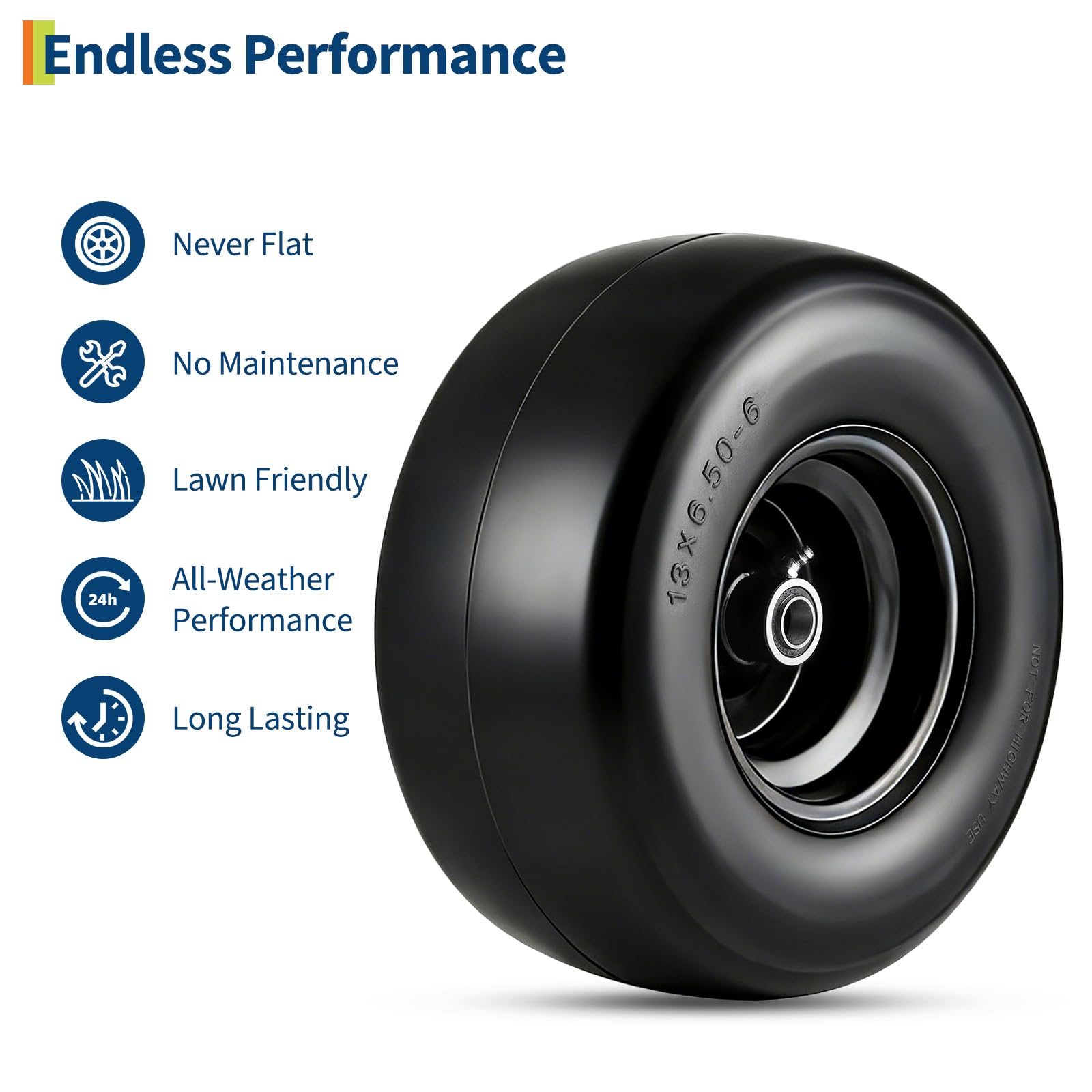 Garvee 2 Pack 13x6.50-6 Flat Free Lawn Mower Tires with 353 LBS Load, Polyurethane, Alloy Steel, Puncture-Proof, 3/4" & 5/8" Bushings for Push Mowers & Garden Carts