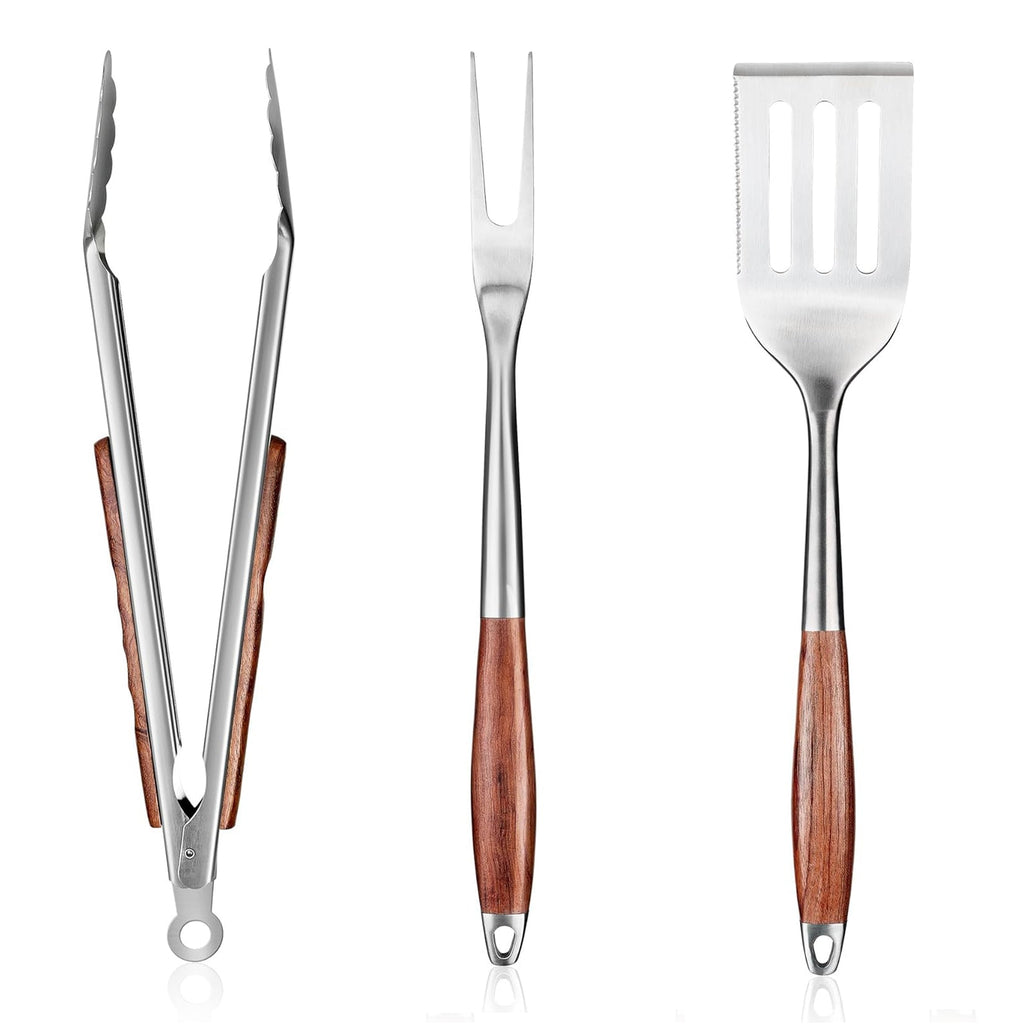 Garvee Heavy Duty Stainless Steel BBQ Grill Tool Set, 3-Piece with Heat Resistant Pear Wood Handles – Slotted Serrated Spatula, Meat Fork, Locking Tongs – Non-Slip Outdoor Grill Accessories for Barbecue, Camping – Color: Pear wood