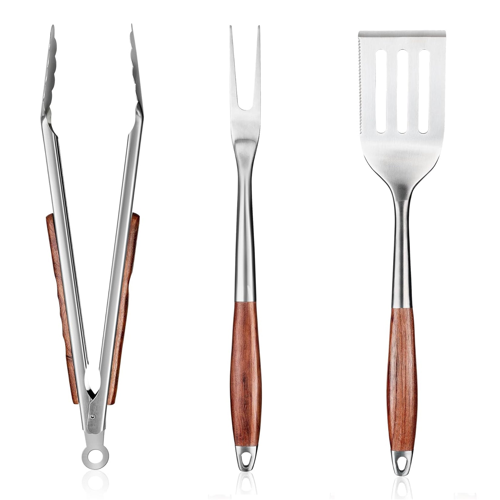 Garvee Heavy Duty Stainless Steel BBQ Grill Tool Set, 3-Piece with Heat Resistant Pear Wood Handles – Slotted Serrated Spatula, Meat Fork, Locking Tongs – Non-Slip Outdoor Grill Accessories for Barbecue, Camping – Color: Pear wood