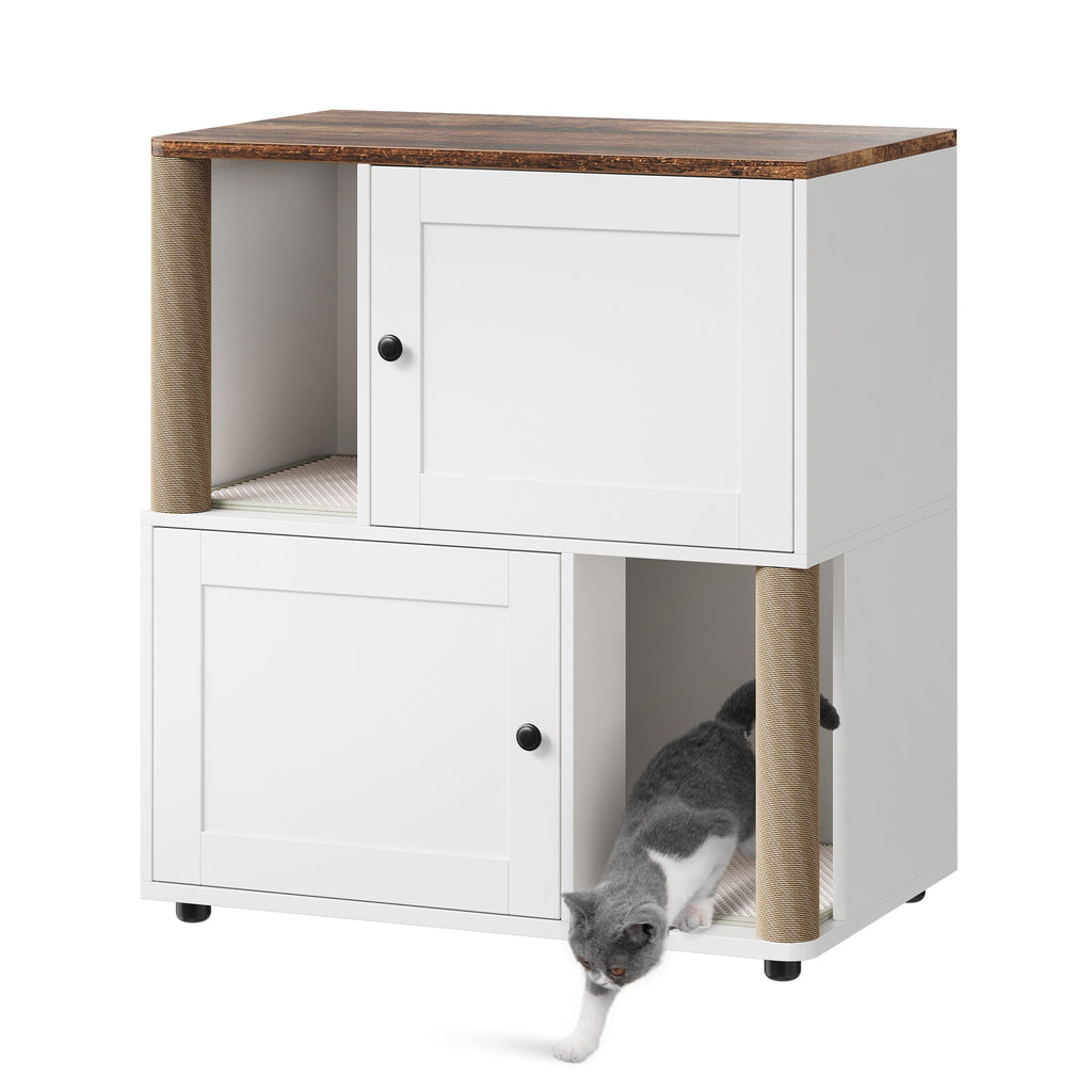 Garvee Double Cat Litter Box Enclosure for 2 Cats – 2-Tier Wooden Cabinet with Marking Post, Litter Mat, Enclosed Litter Box Furniture, Hidden Pet Storage – Basic White Model